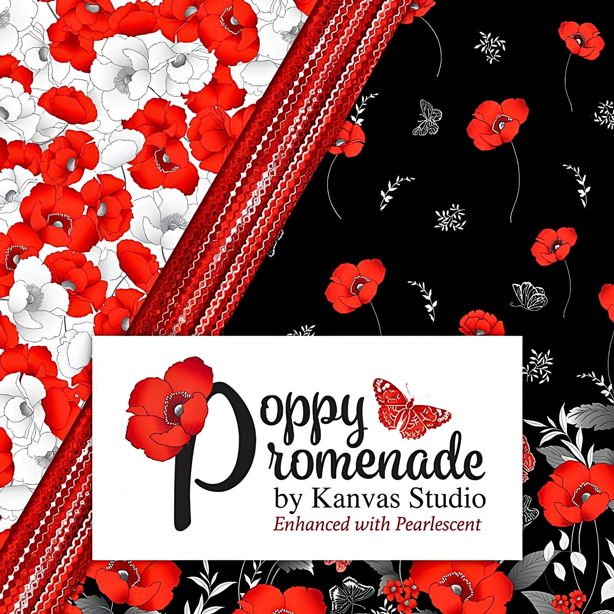 Poppy Promenade by Kanvas Studio pearlescent quilting fabric collection red poppies butterflies black and white