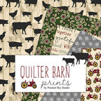 Quilter Barn Prints by Painted Sky Studio Benartex farm fabric collection featuring farm animal silhouettes tractors sunflowers and family words quilting cotton