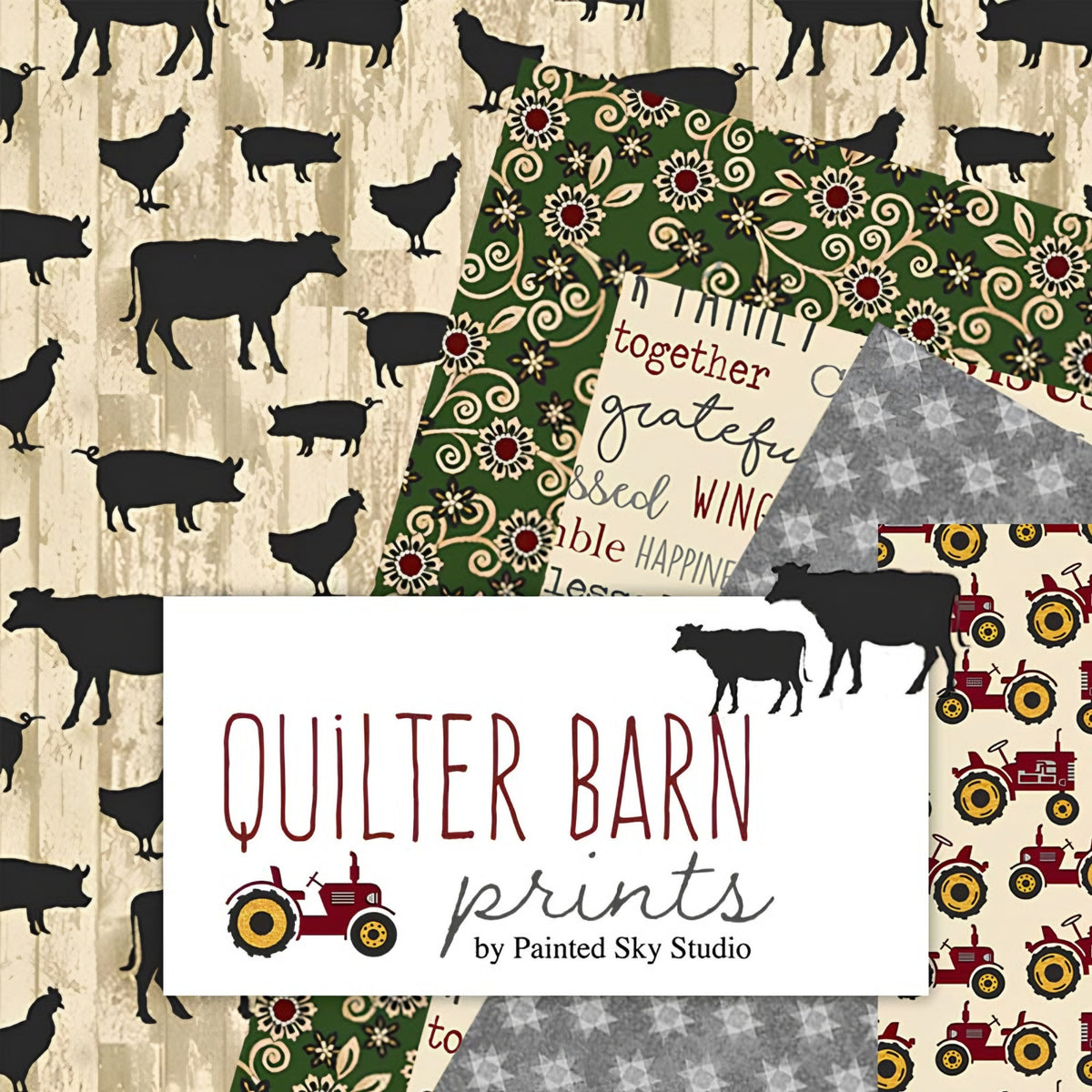 Quilter Barn Prints by Painted Sky Studio Benartex farm fabric collection featuring farm animal silhouettes tractors sunflowers and family words quilting cotton