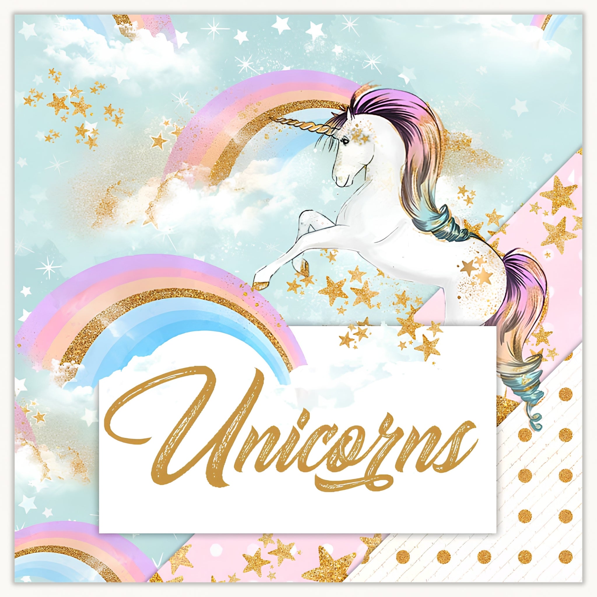 Rainbow unicorns collection quilting fabric for girls featuring unicorns rainbows stars and clouds KK Fabrics