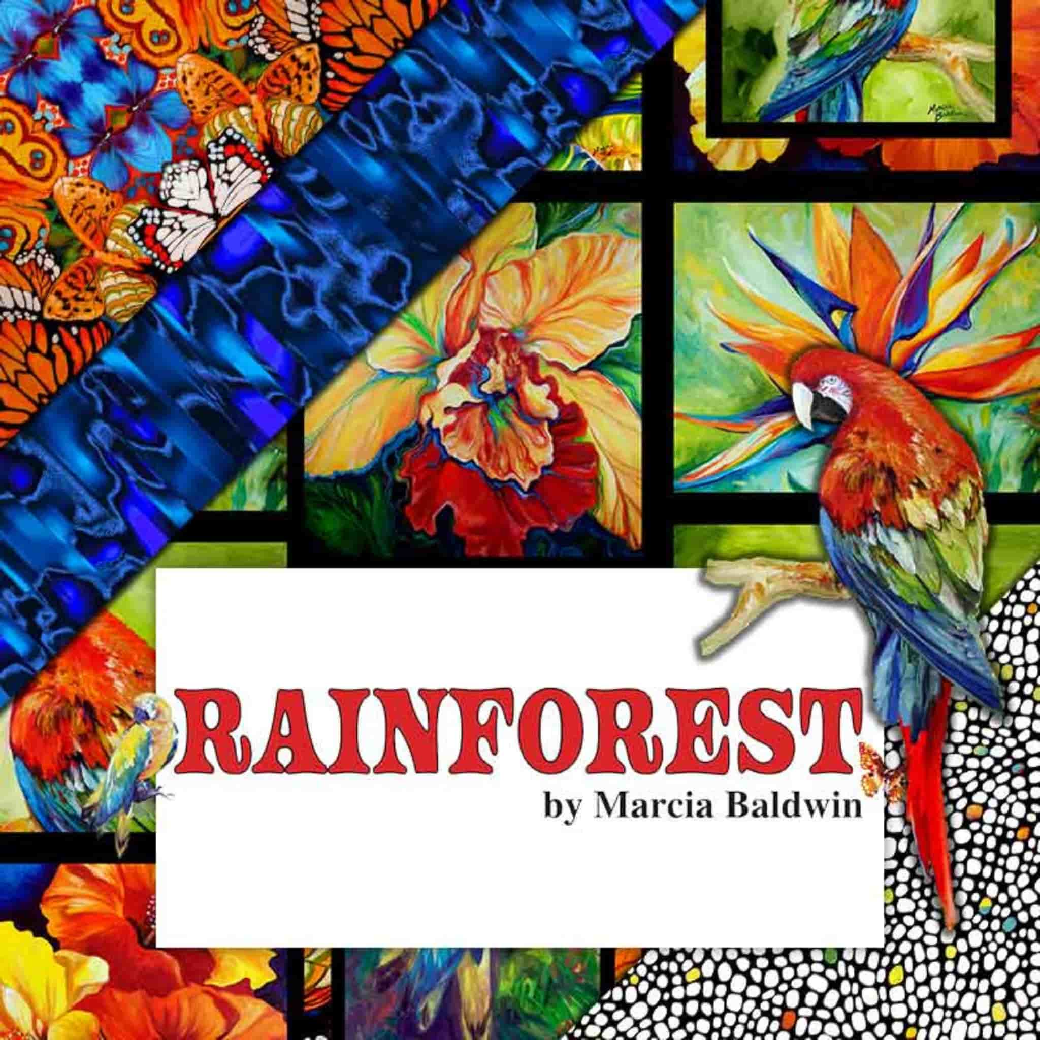 Rainforest Benartex quilting fabric collection with parrots, butterflies and tropical prints in vibrant jewel tones