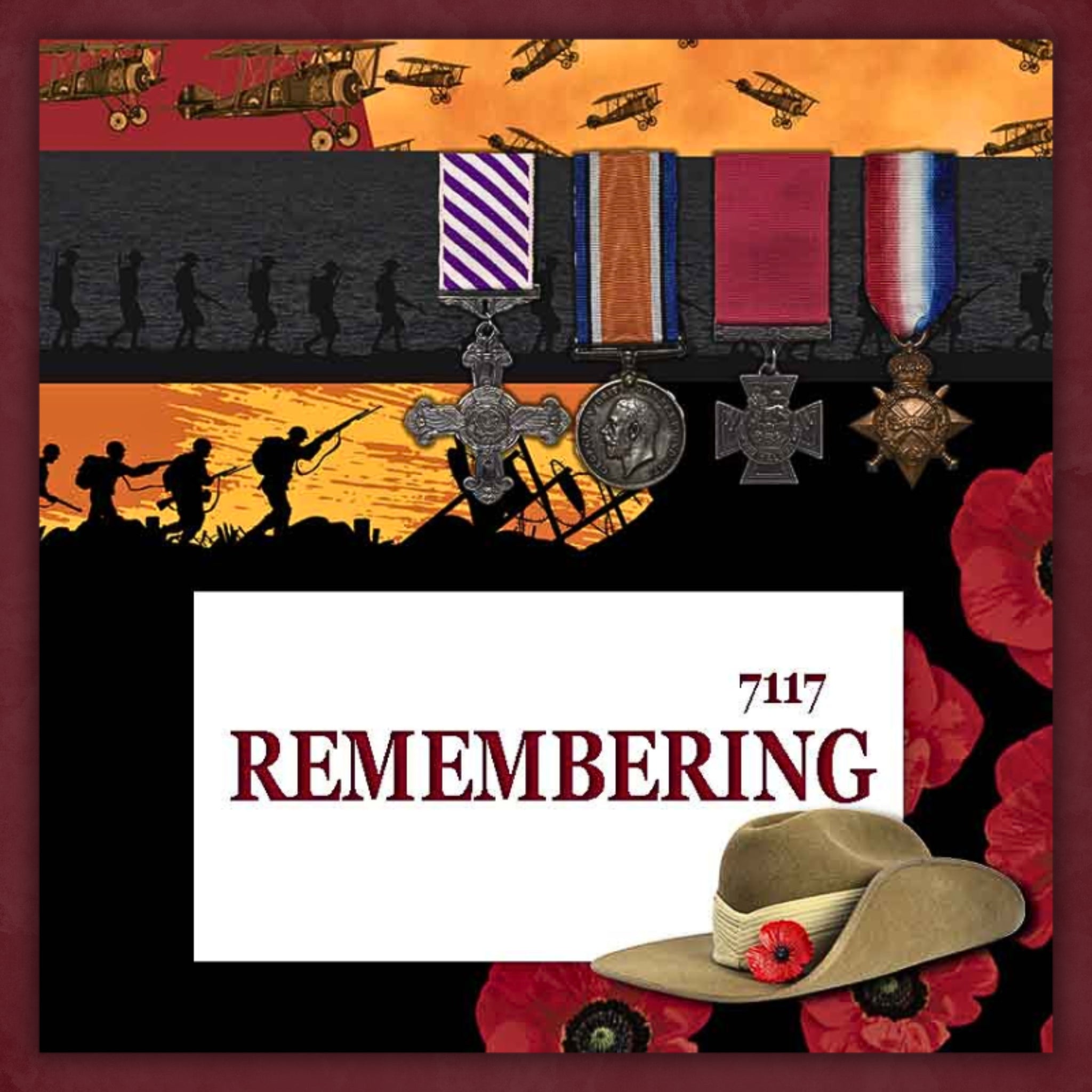 Remembering ANZAC quilting fabric collection soldiers silhouette poppies war medals biplanes slouch hat