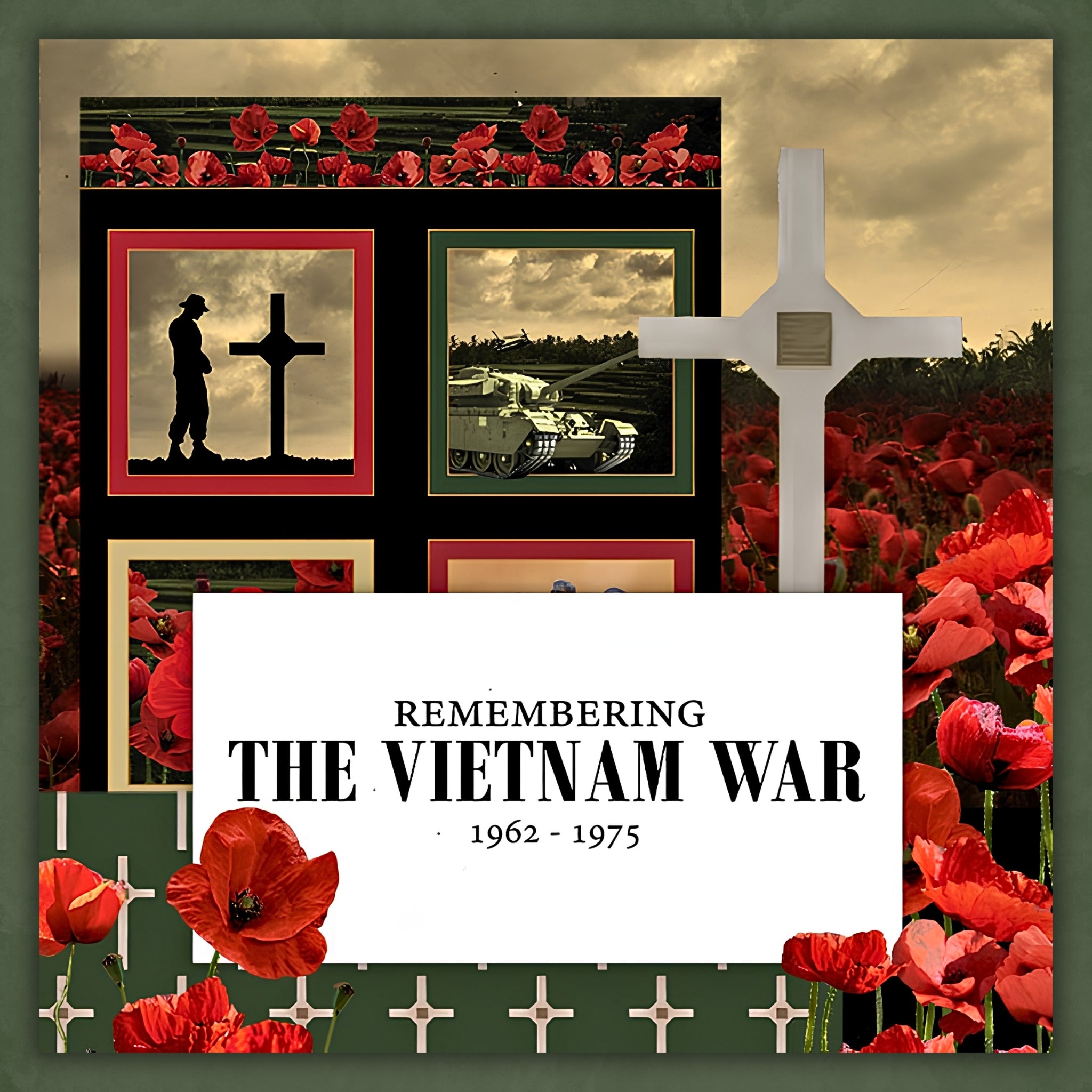 Remembering Vietnam War 1962-1975 quilting fabric panel soldier silhouette cross tank red poppies military fabric for commemorative quilts and veteran gifts