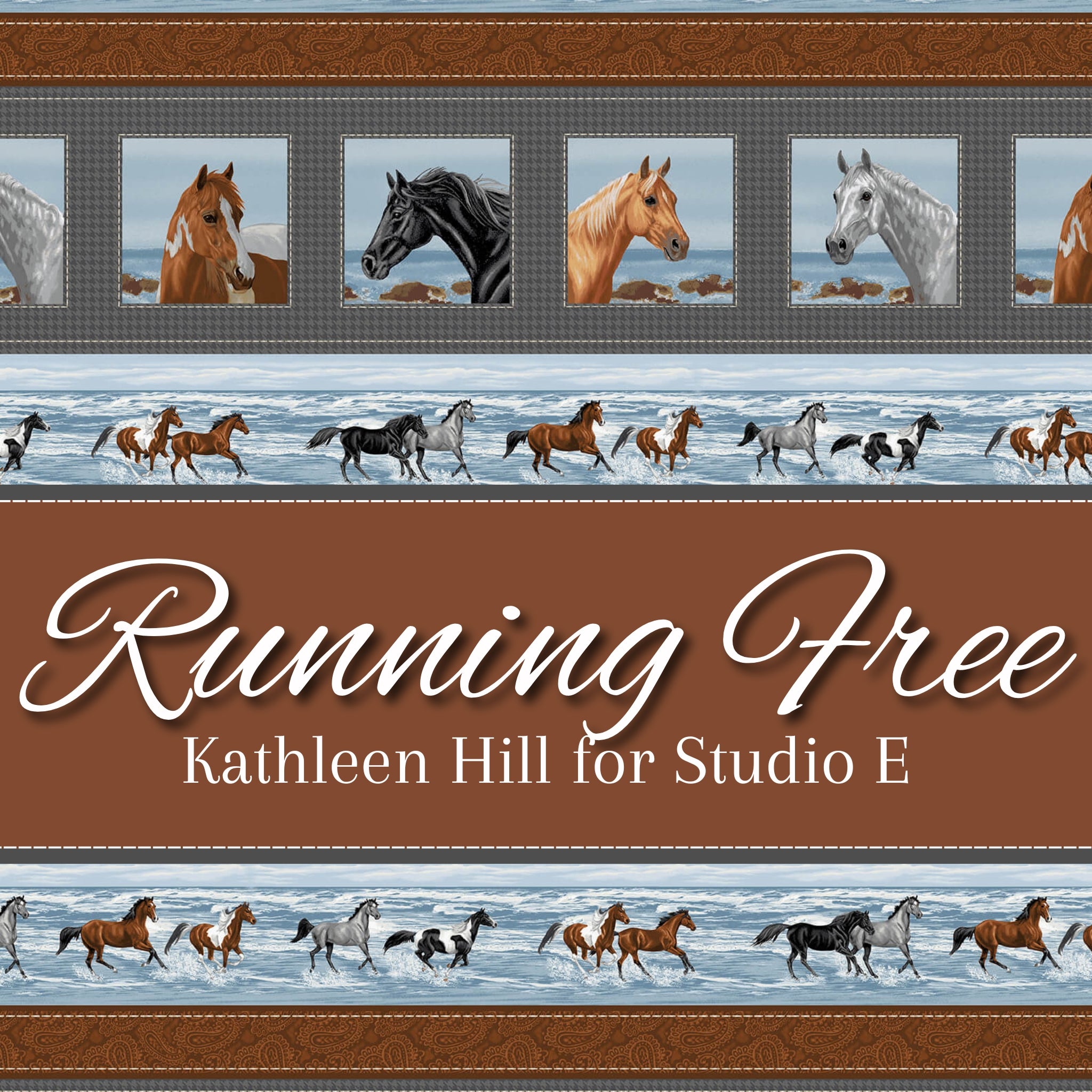 Running Free Kathleen Hill Studio E realistic horse quilting fabric collection horse portraits beach scene paisley stripe
