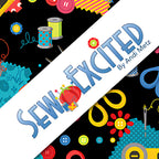 Sew Excited Andi Metz Kanvas Benartex novelty sewing quilting fabric buttons thread spools scissors pincushion black