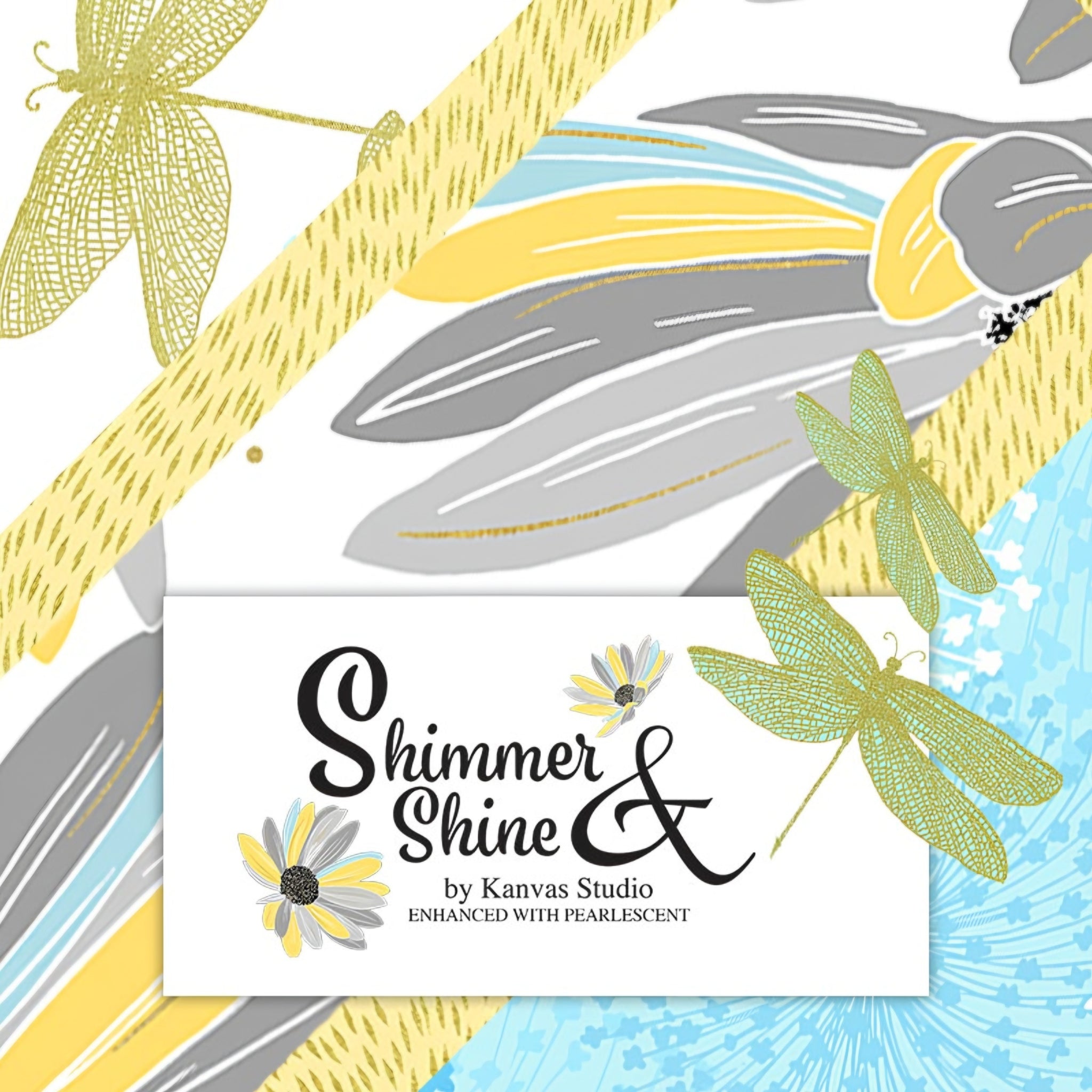 Shimmer & Shine by Kanvas Studio pearlescent quilting fabric collection dragonflies dandelions daisies yellow grey turquoise