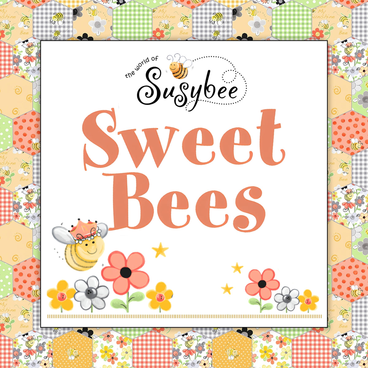 Sweet Bees by Susybee collection cover with yellow bees flowers and honeycomb patchwork in yellow and green for baby quilts and nursery sewing projects