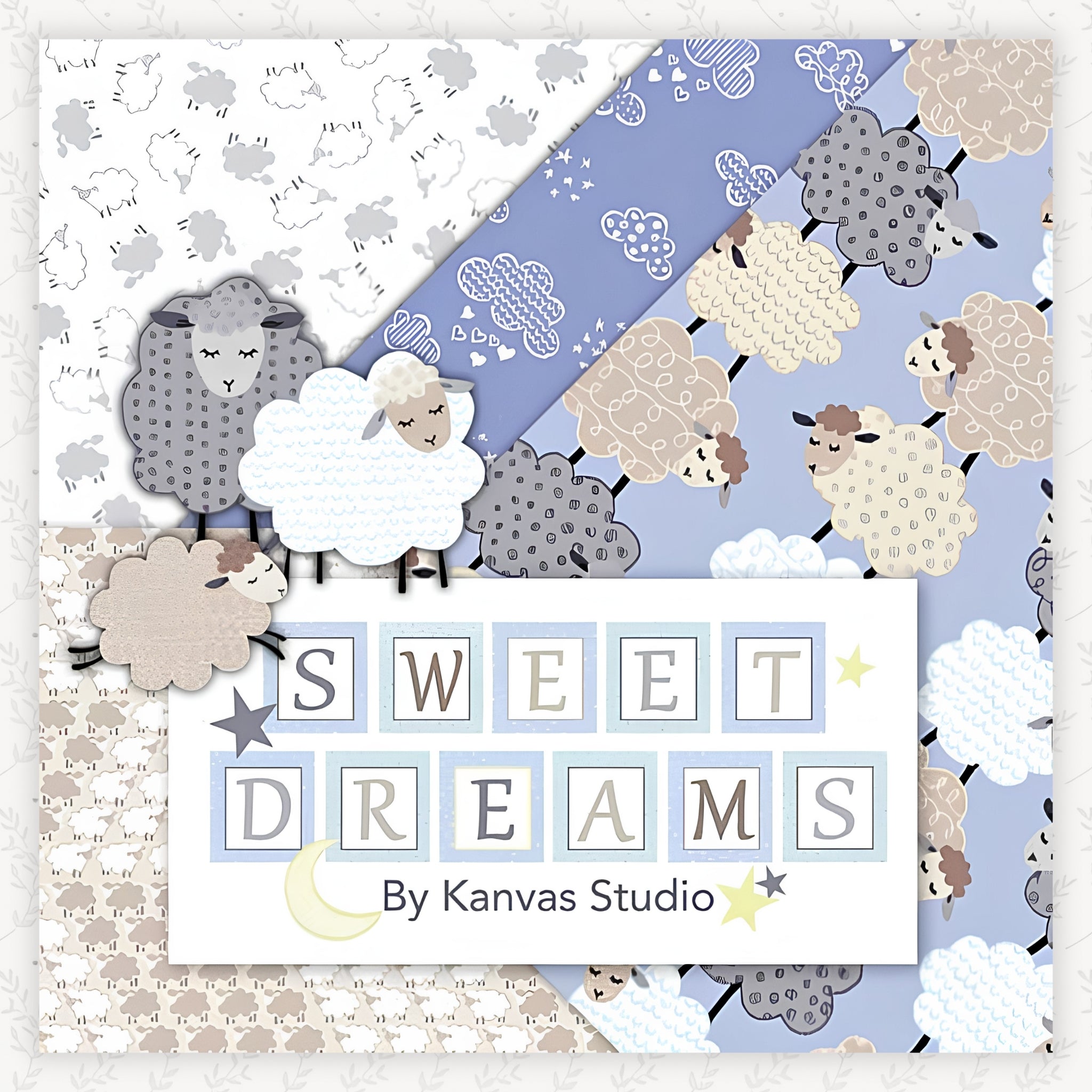 Sweet Dreams baby sheep illustrated quilting fabric collection blue grey cream for baby quilts nursery décor and patchwork projects
