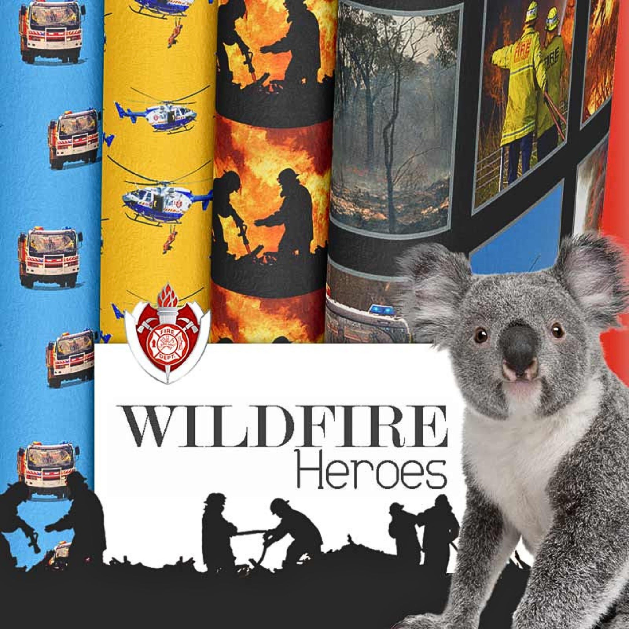 Wildfire Heroes collection firefighter firetrucks rescue helicopter koala bushfire fabric KK Fabrics Australian quilts