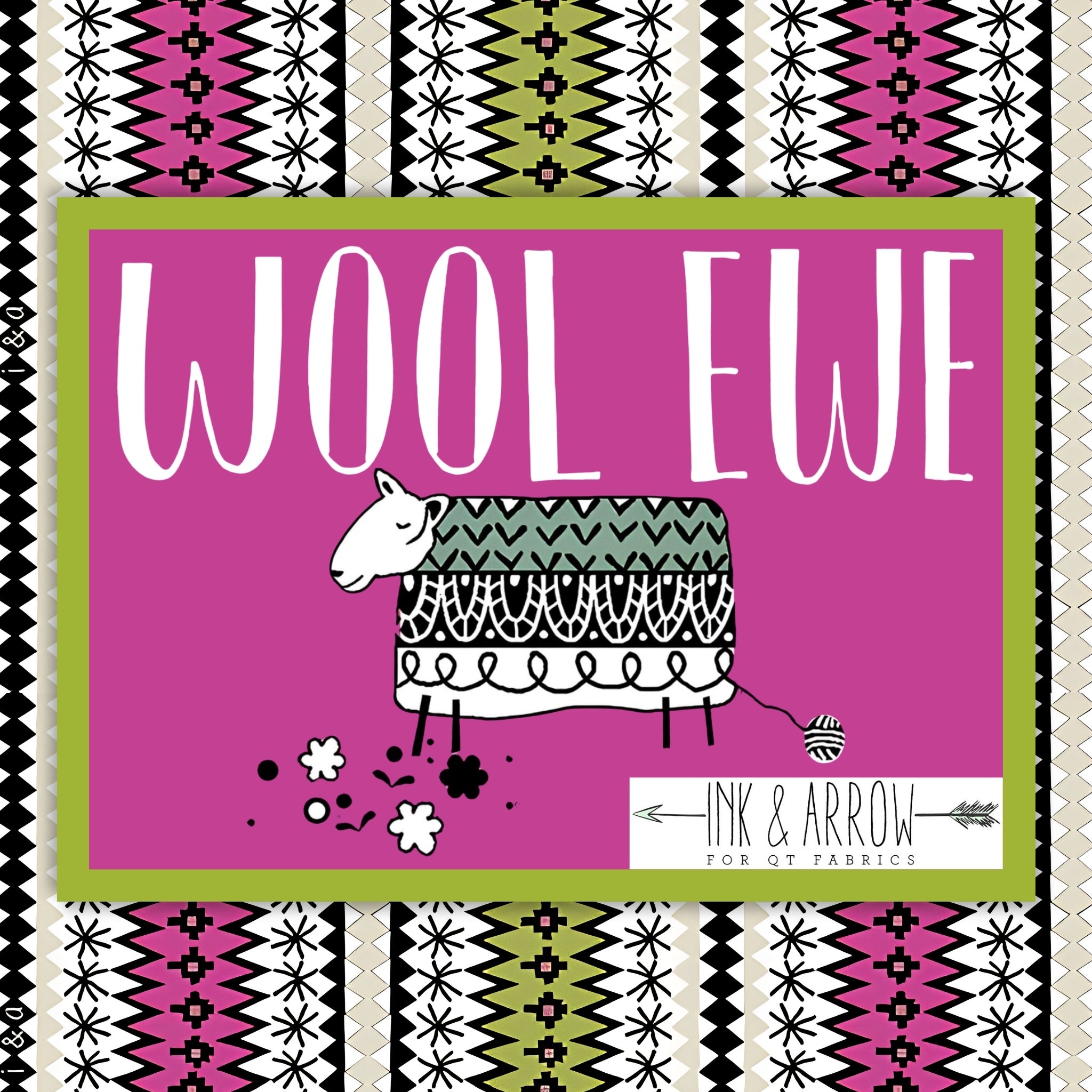 Wool Ewe quilting fabric collection by Ink and Arrow for QT Fabrics in hot pink olive green black and white with knit-inspired novelty prints