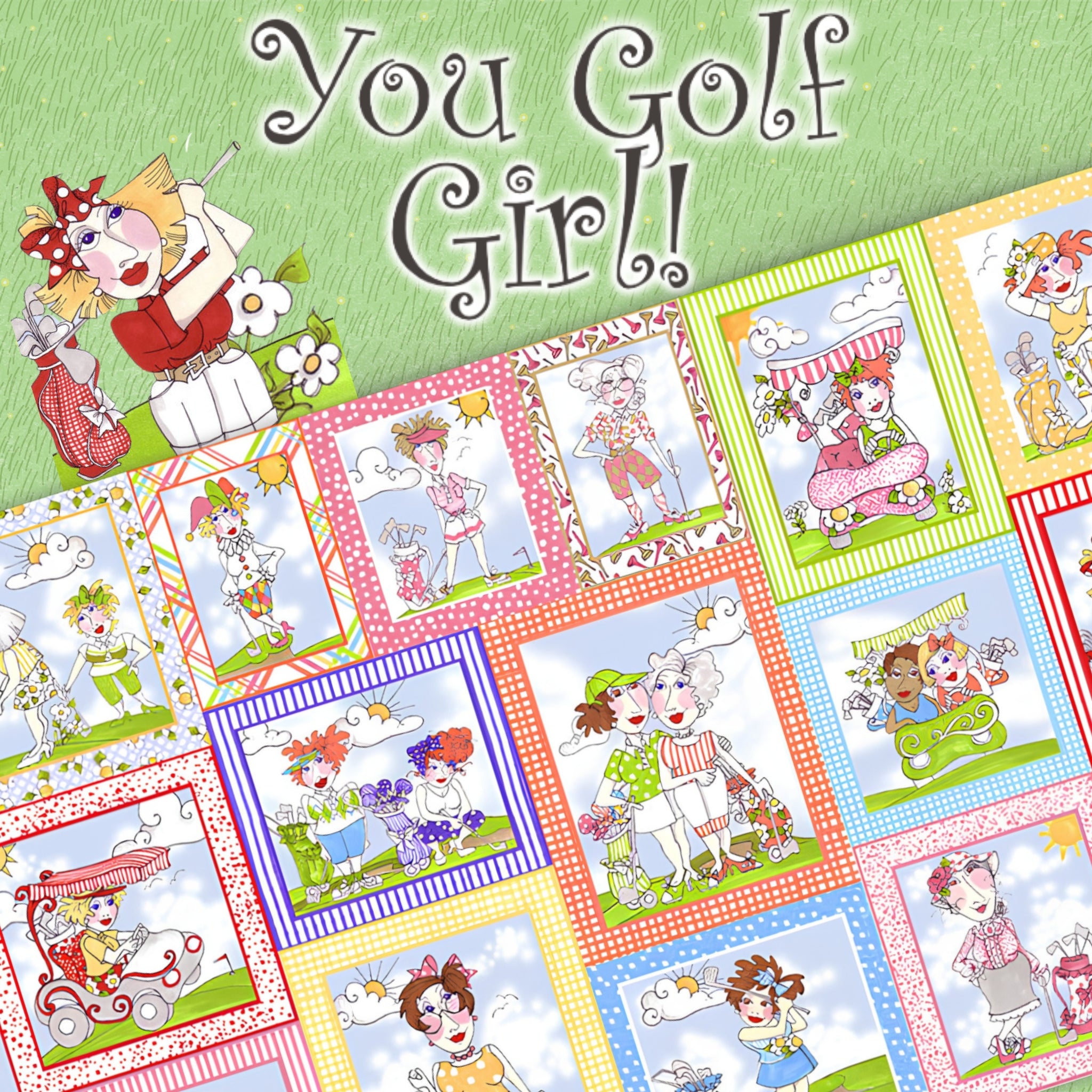 You Golf Girl retro novelty golf ladies quilting fabric collection by Loralie Harris Designs multi-colour panels coordinates and golfer girl prints
