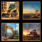 Construction machinery panel yellow front loaders dump trucks tower cranes excavators fabric for boys' quilts children's room décor and construction worker gifts