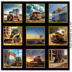 Construction machinery panel yellow front loaders dump trucks tower cranes excavators fabric for boys' quilts construction worker gifts truck lovers