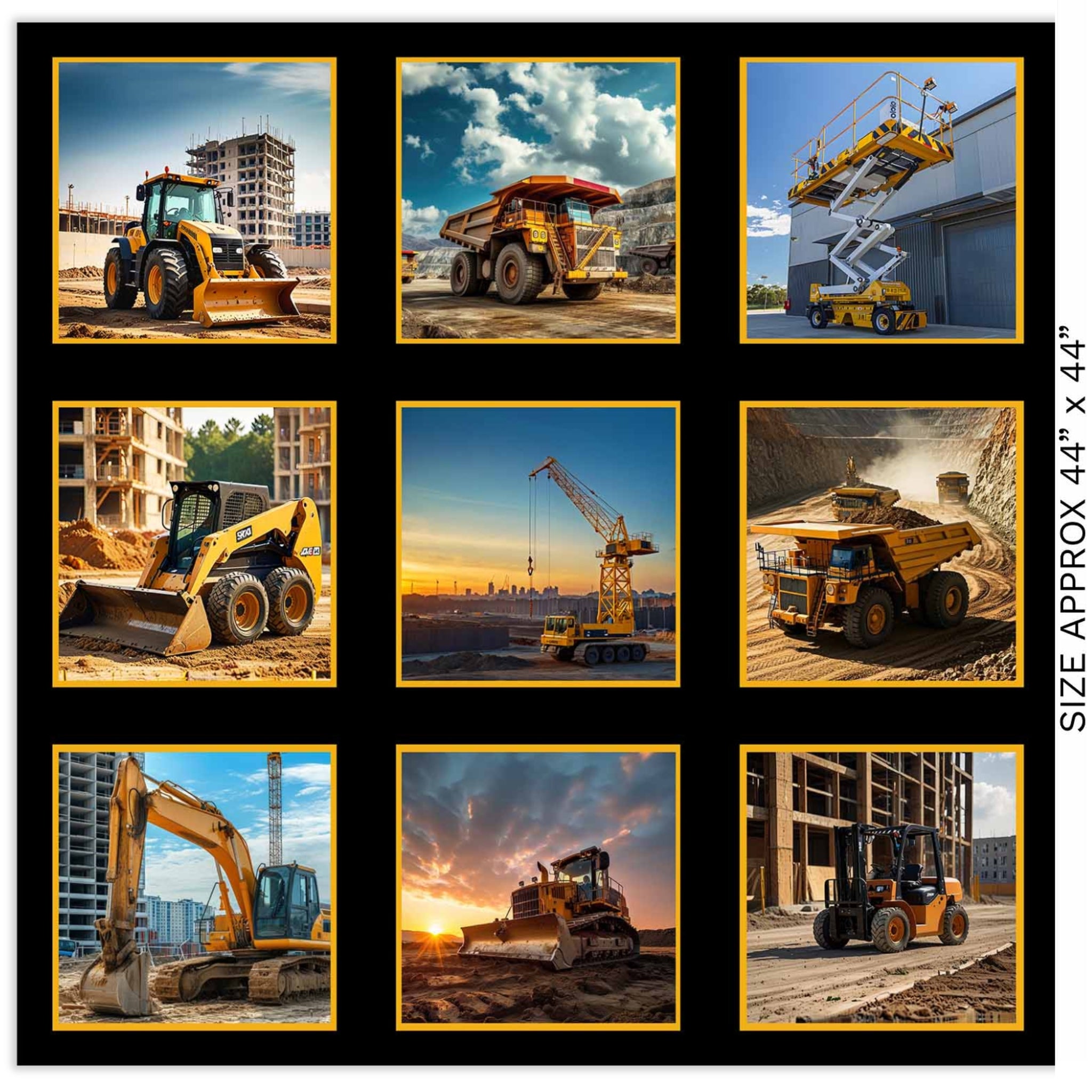 Construction machinery panel yellow front loaders dump trucks tower cranes excavators fabric for boys' quilts construction worker gifts truck lovers