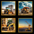 Construction machinery panel yellow front loaders dump trucks tower cranes excavators black fabric for boys' quilts and children's room décor