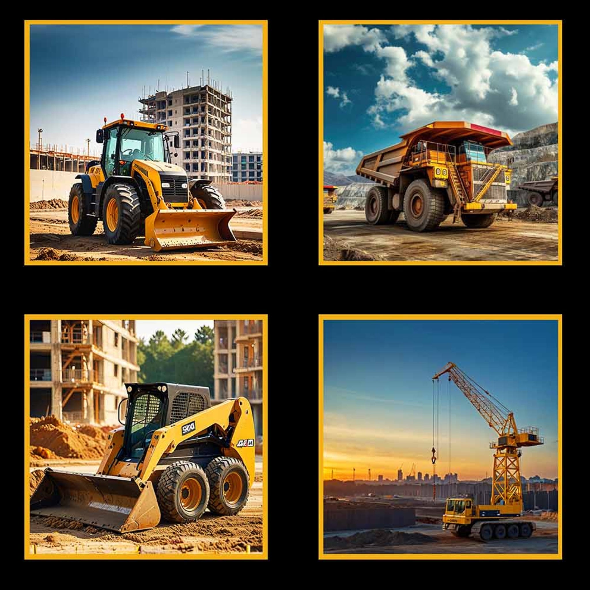 Construction machinery panel yellow front loaders dump trucks tower cranes excavators black fabric for boys' quilts and children's room décor