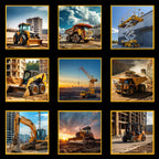 Construction machinery panel yellow front loaders dump trucks tower cranes excavators fabric for boys' quilts and children's room décor