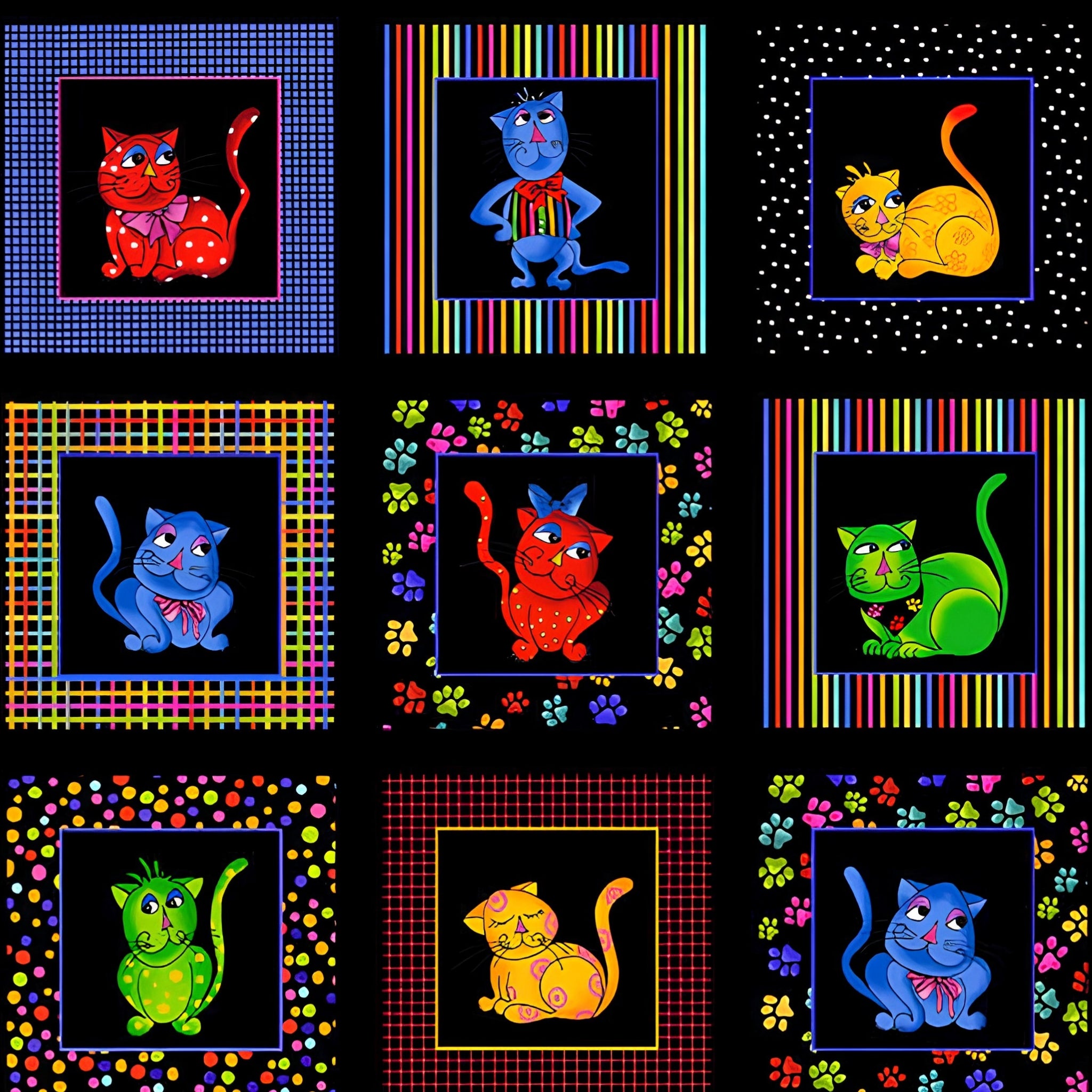 Novelty cool cats multi-colour black panel fabric for cat quilts cushions wall hangings and cat lover gifts Loralie Harris Designs