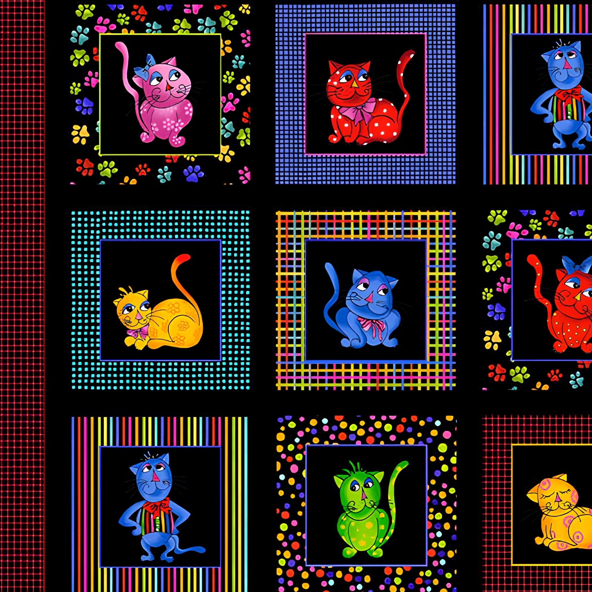 Novelty cool cats multi-colour black panel fabric for cat quilts cushions wall hangings and cat lover gifts Loralie Harris Designs
