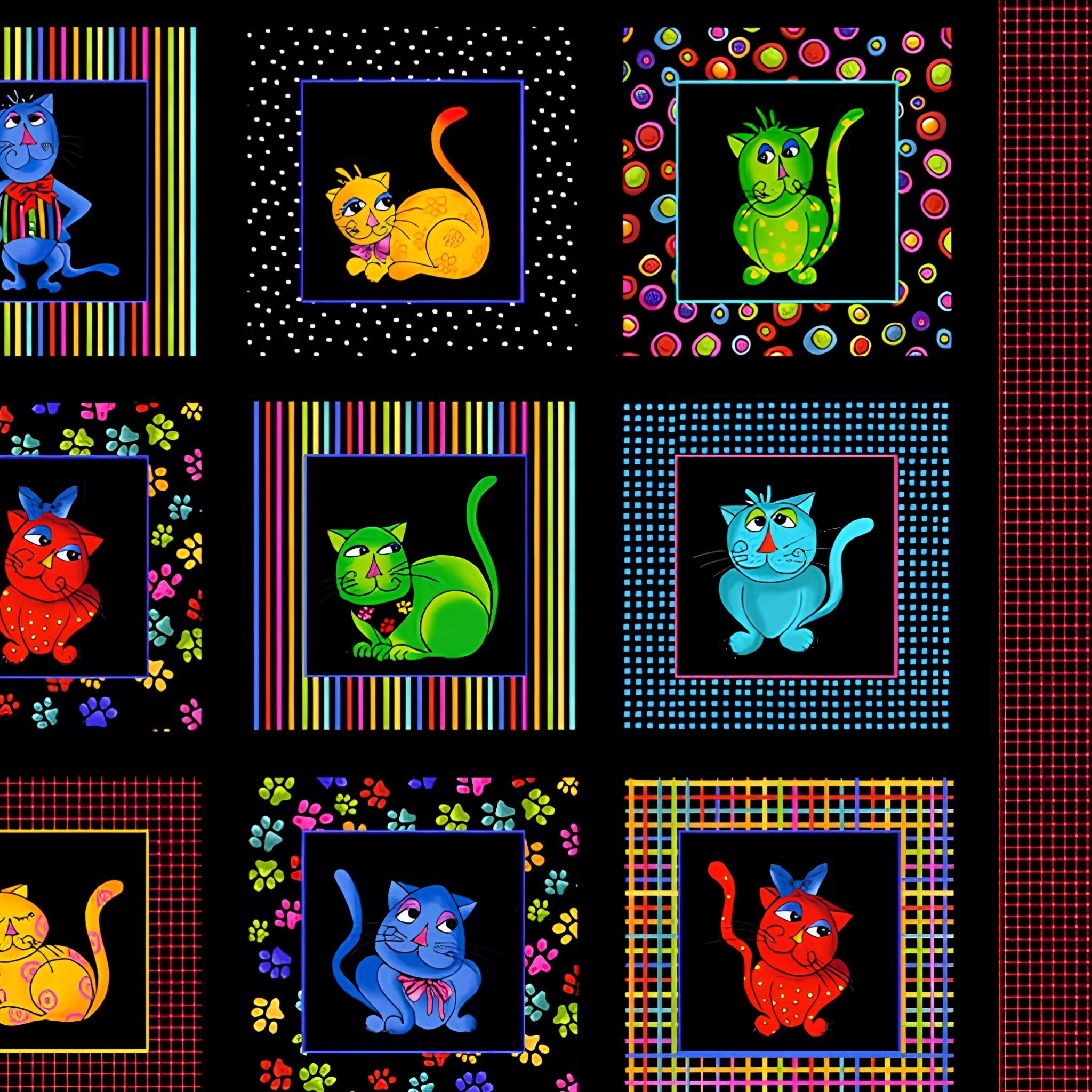 Novelty cool cats multi-colour black panel fabric for cat quilts cushions wall hangings and cat lover gifts Loralie Harris Designs