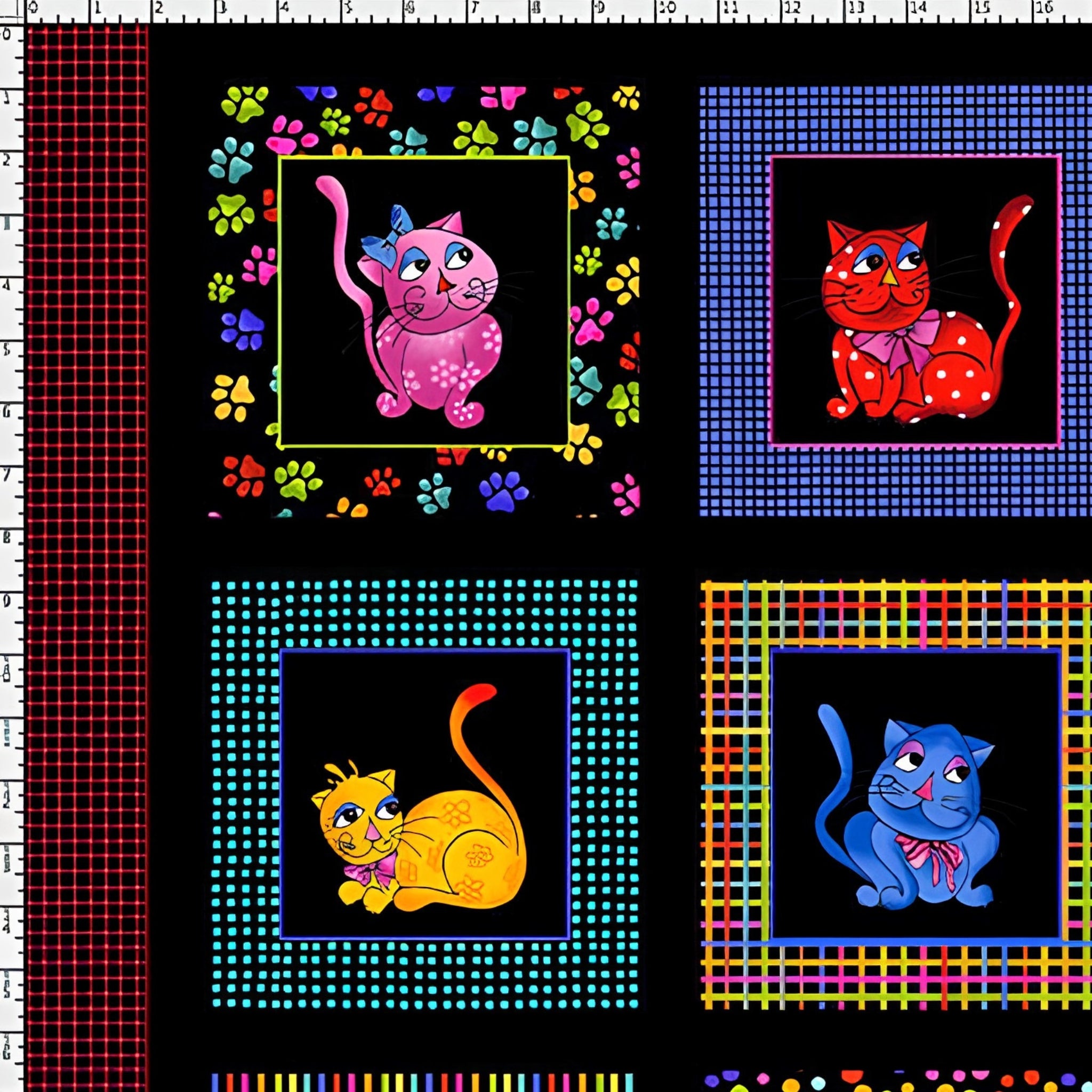 Novelty cool cats multi-colour black panel fabric for cat quilts cushions wall hangings and cat lover gifts Loralie Harris Designs
