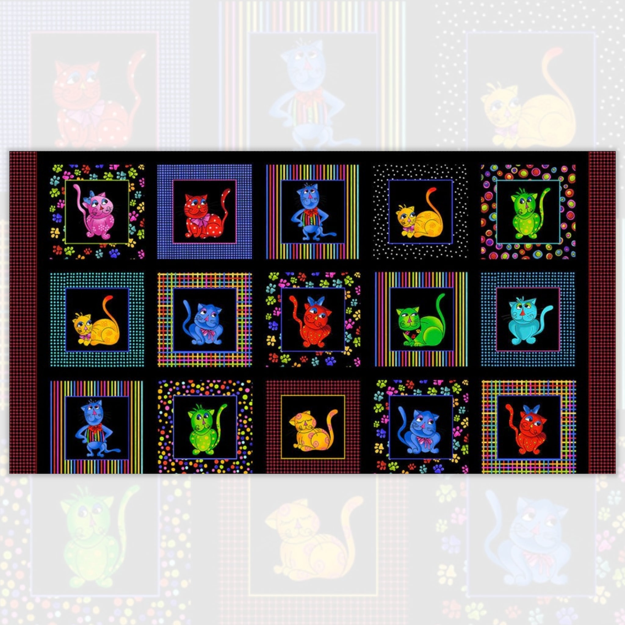 Novelty cool cats multi-colour black panel fabric for cat quilts cushions wall hangings and cat lover gifts Loralie Harris Designs