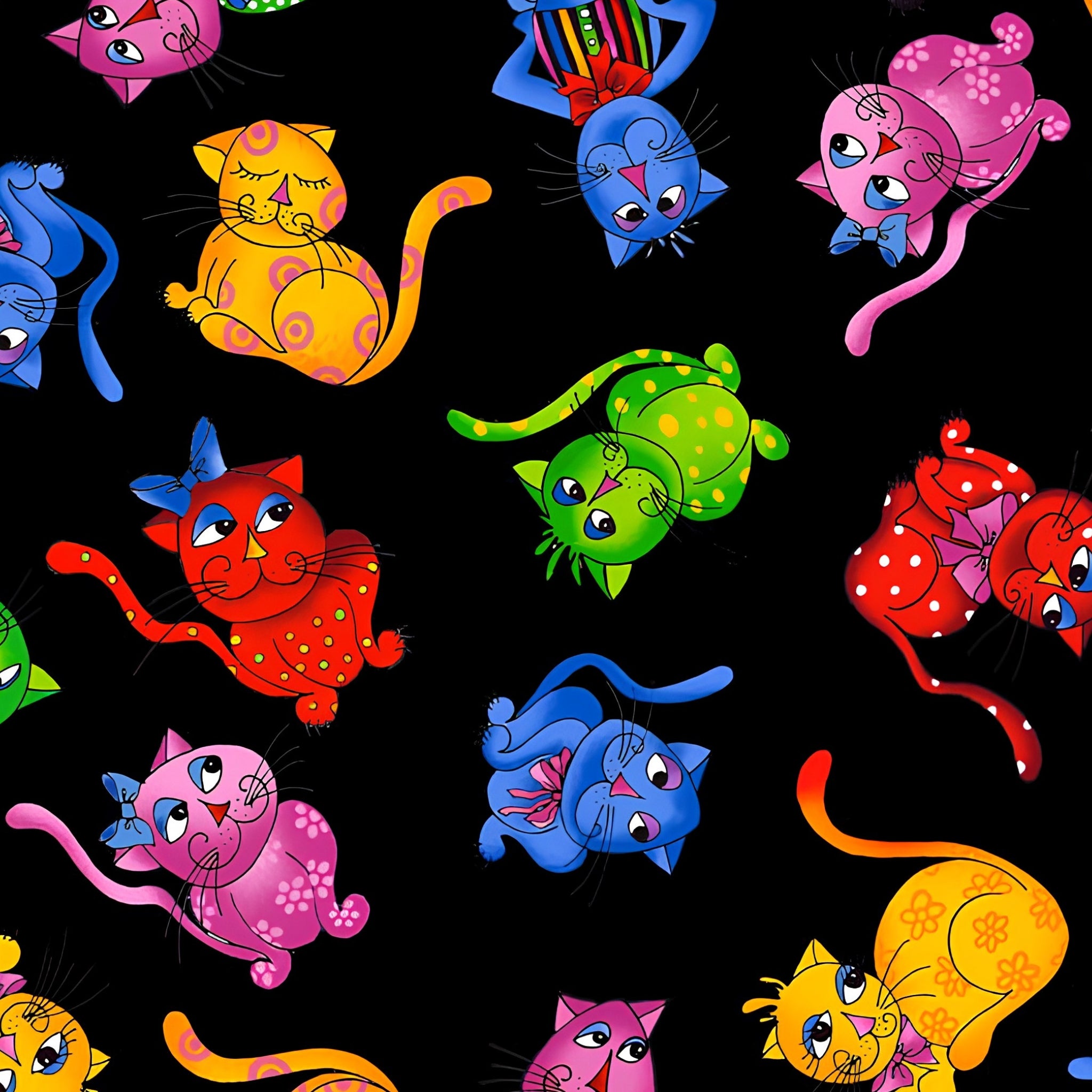 Novelty tossed cool cats multi-colour black fabric for cat quilts tote bags cushions and cat lover gifts Loralie Harris Designs