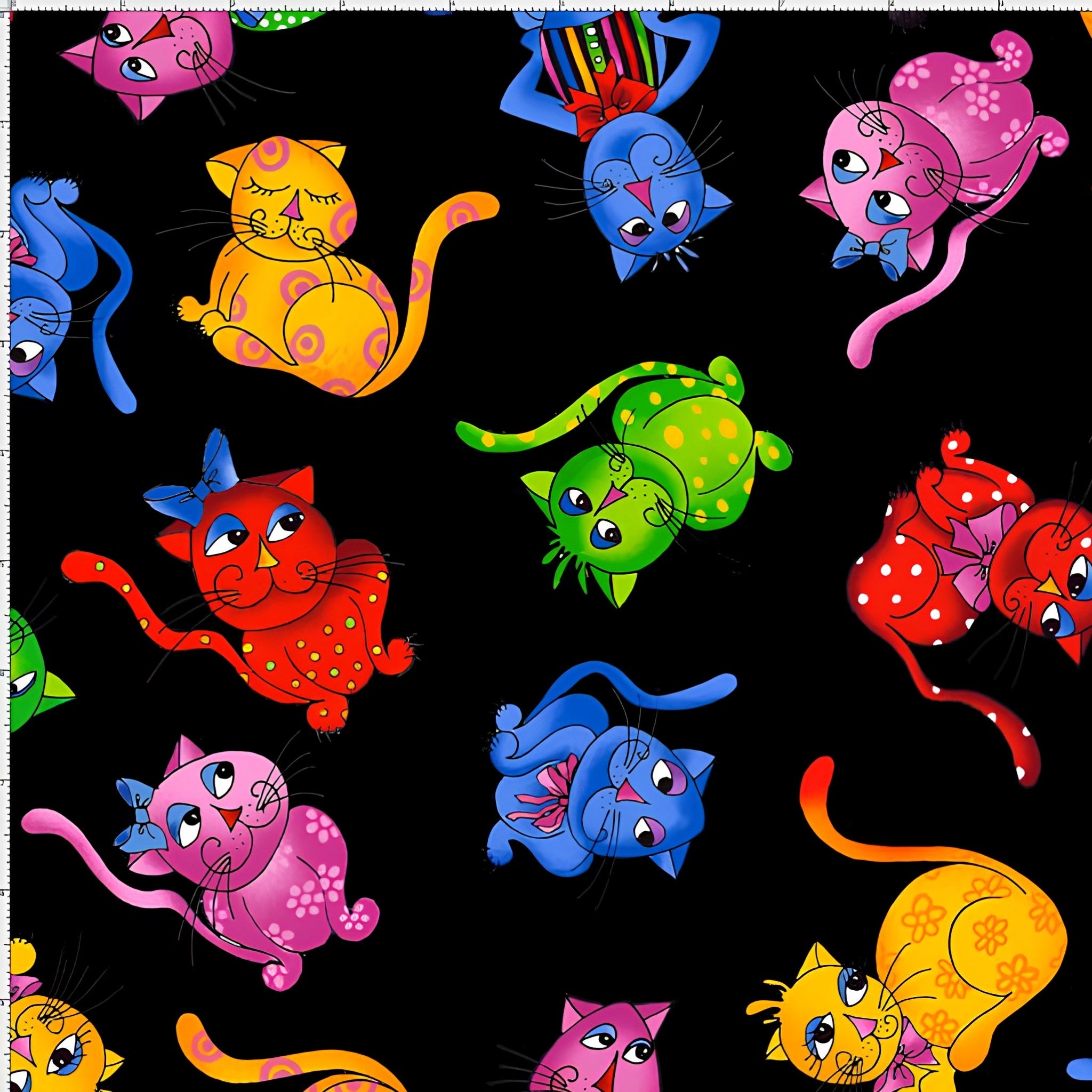 Novelty tossed cool cats multi-colour black fabric for cat quilts tote bags cushions and cat lover gifts Loralie Harris Designs