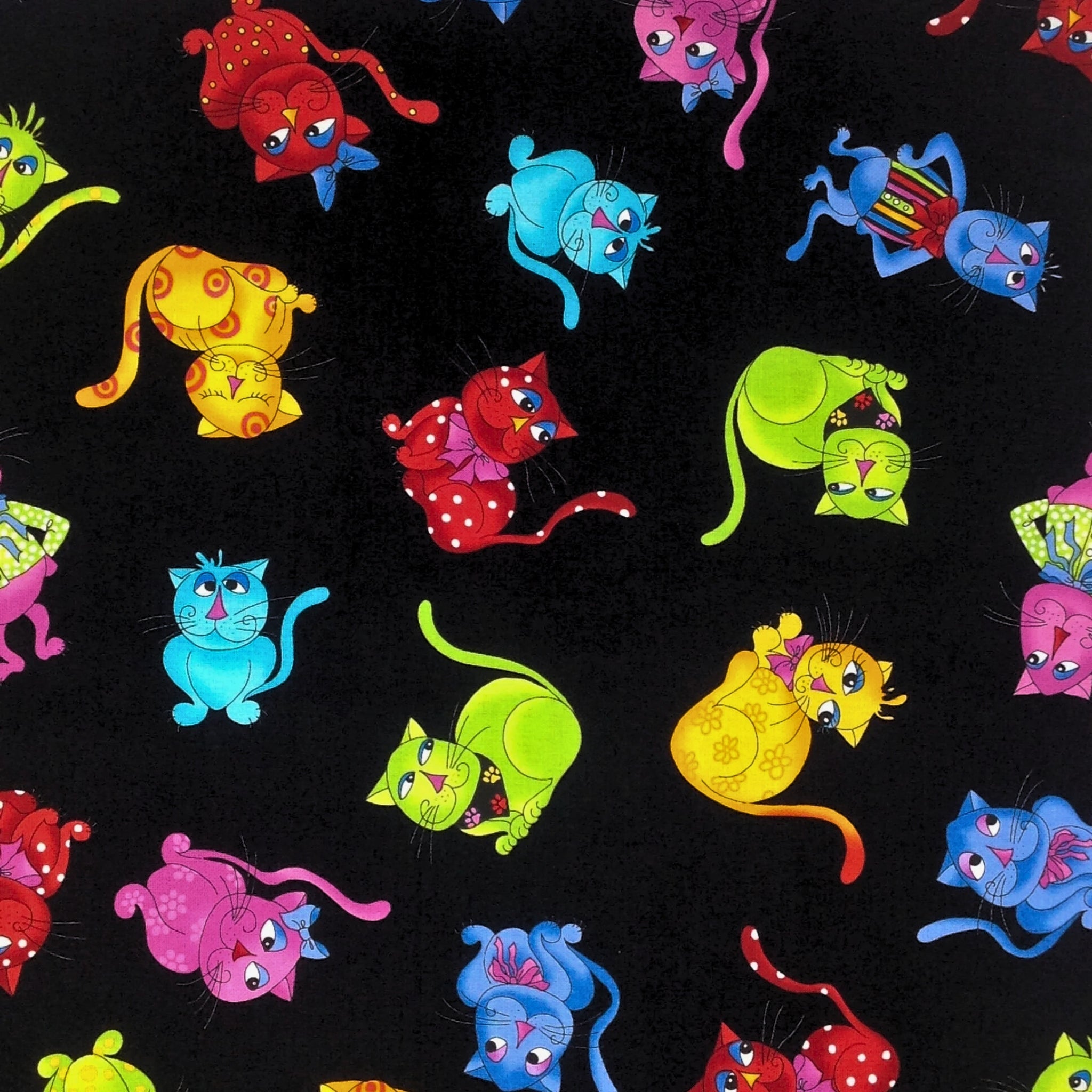 Novelty tossed cool cats multi-colour black fabric for cat quilts tote bags cushions and cat lover gifts Loralie Harris Designs