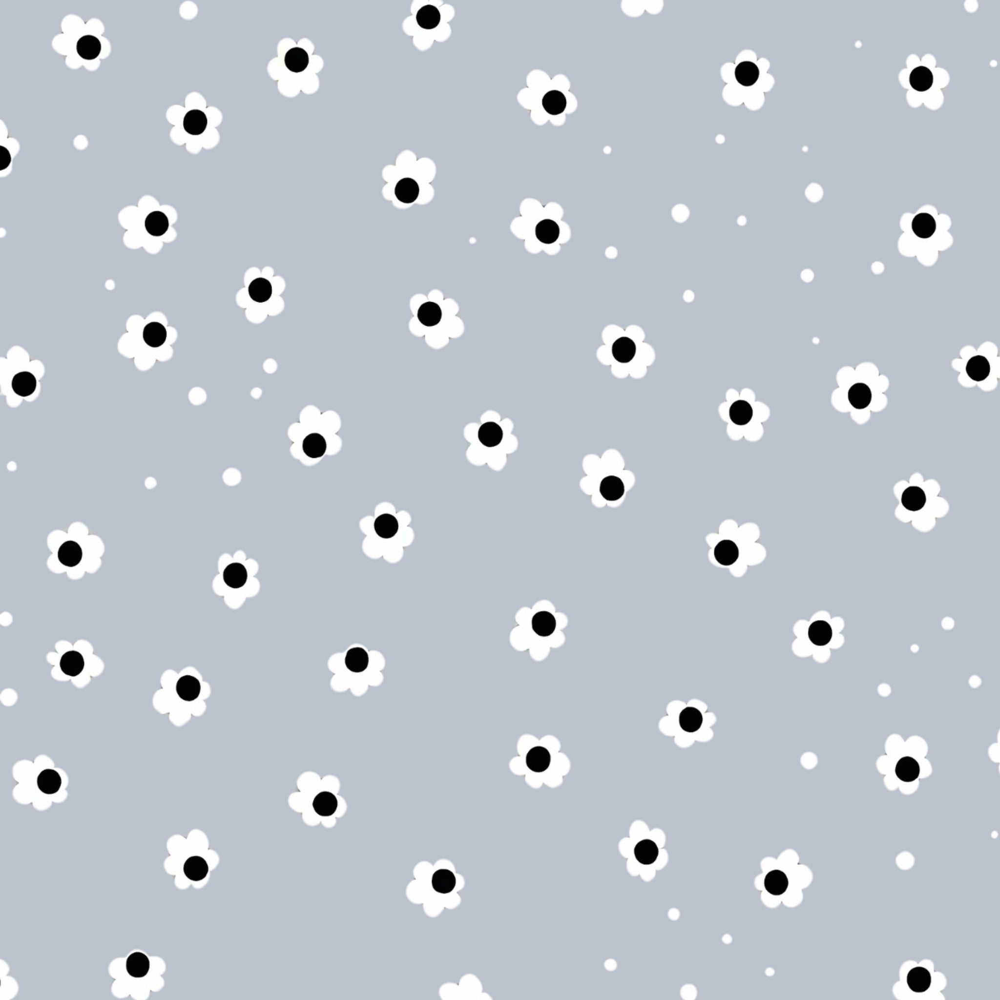 Small white daisies black centres scattered on soft blue-grey background floral blender quilting fabric for baby quilts patchwork tote bags and children's sewing