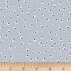 Small white daisies black centres scattered on soft blue-grey background floral blender quilting fabric for baby quilts patchwork tote bags and children's sewing