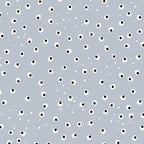 Small white daisies black centres scattered on soft blue-grey background floral blender quilting fabric for baby quilts patchwork tote bags and children's sewing