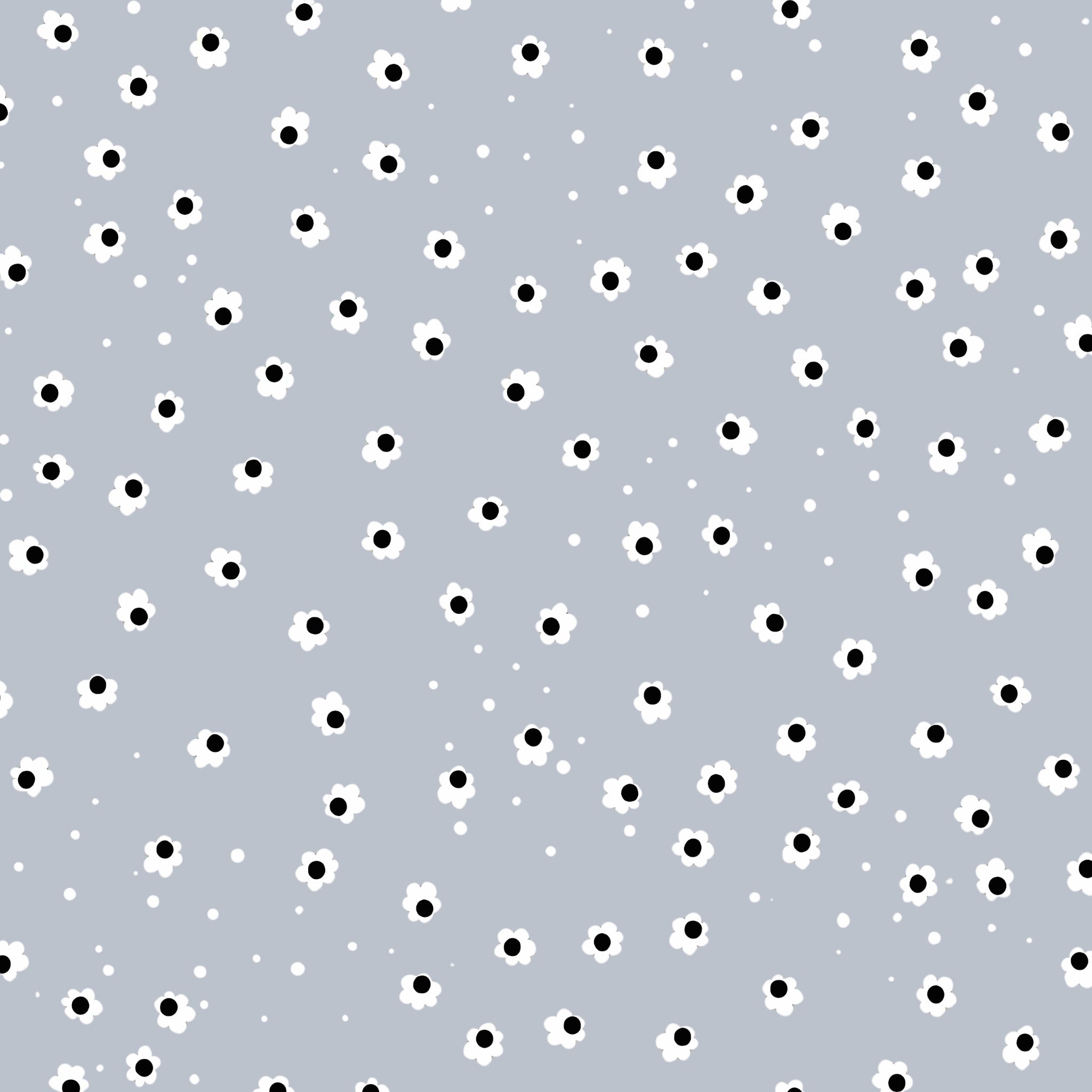 Small white daisies black centres scattered on soft blue-grey background floral blender quilting fabric for baby quilts patchwork tote bags and children's sewing