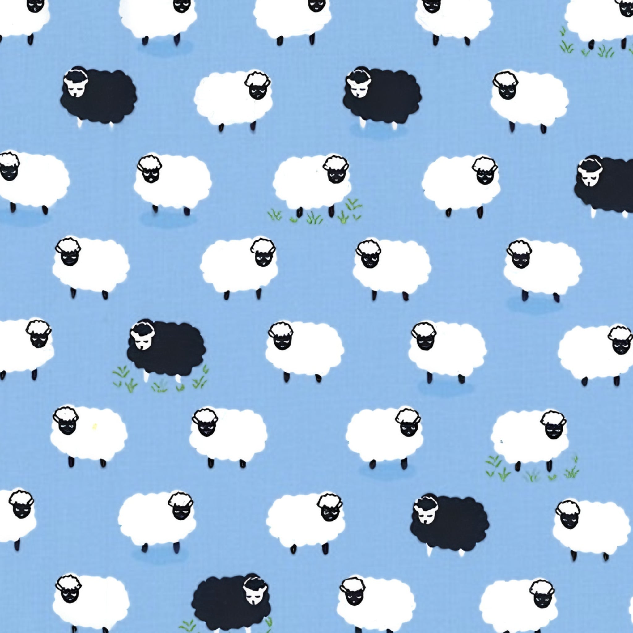 White and black sheep tossed flock blue background novelty quilting fabric for baby quilts nursery décor and children's sewing