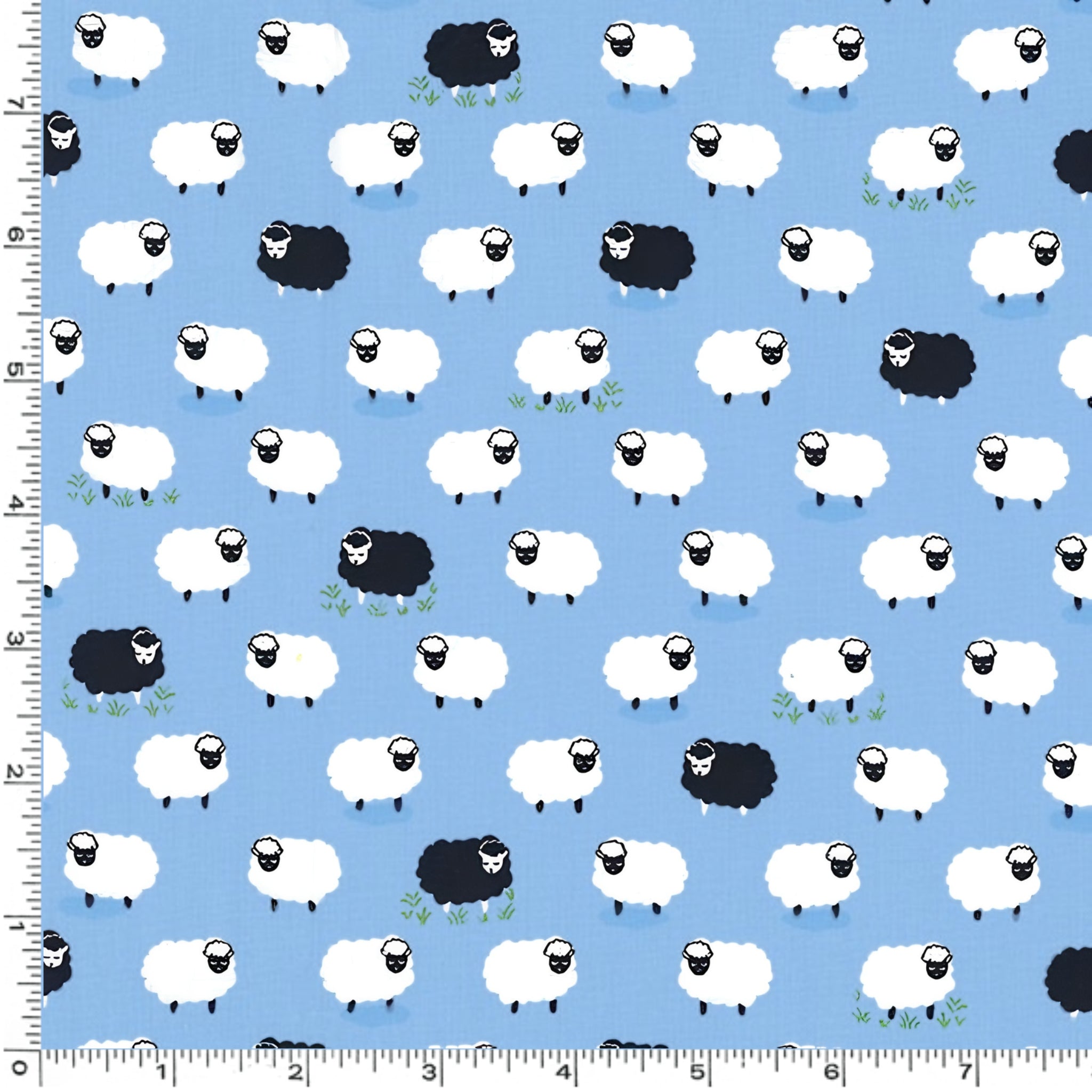 White and black sheep tossed flock blue background novelty quilting fabric for baby quilts nursery décor and children's sewing