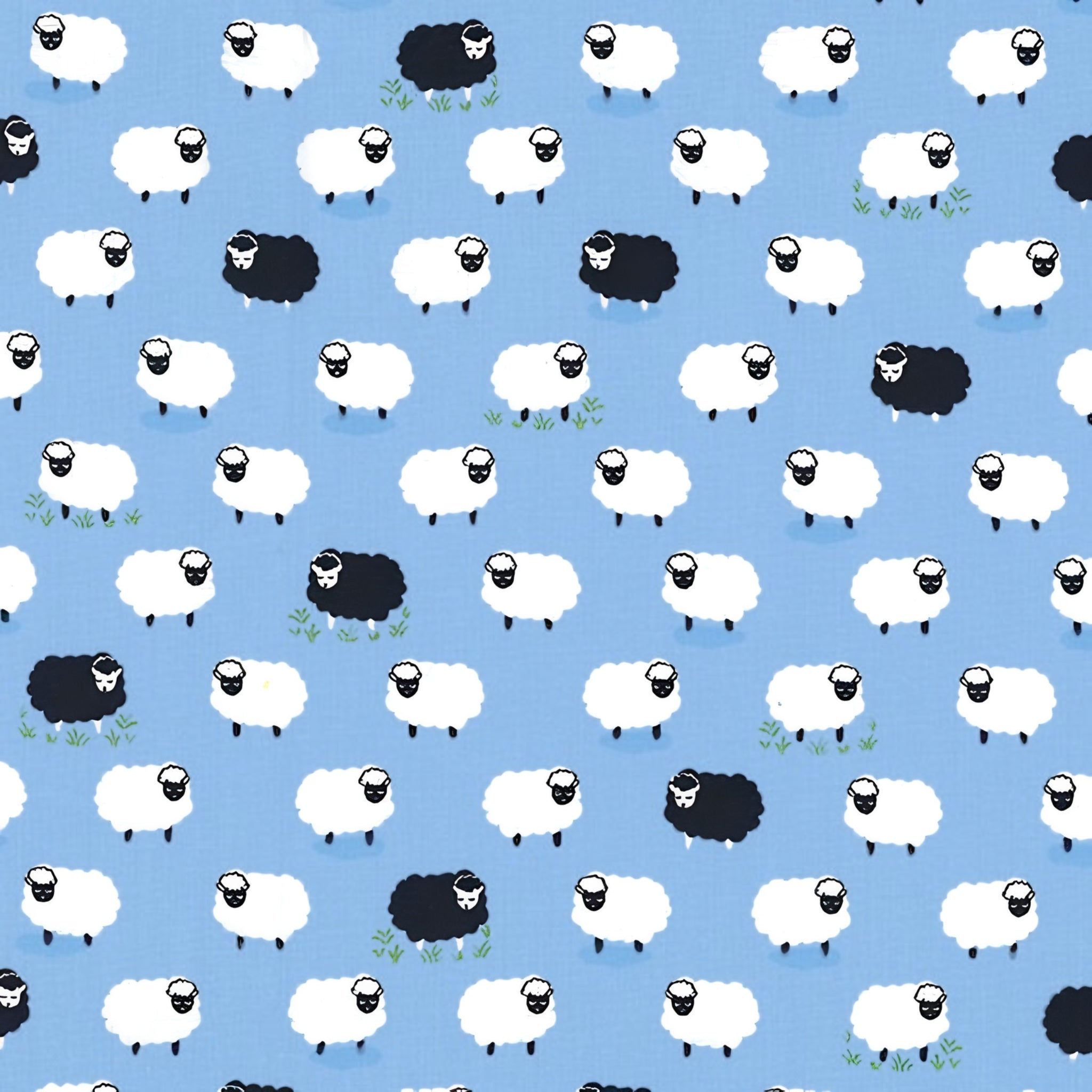 White and black sheep tossed flock blue background novelty quilting fabric for baby quilts nursery décor and children's sewing