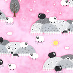 Sheep grazing on rolling grey hills border collie picket fences stars sun clouds pink watercolour background novelty baby quilting fabric for nursery quilts and girls projects