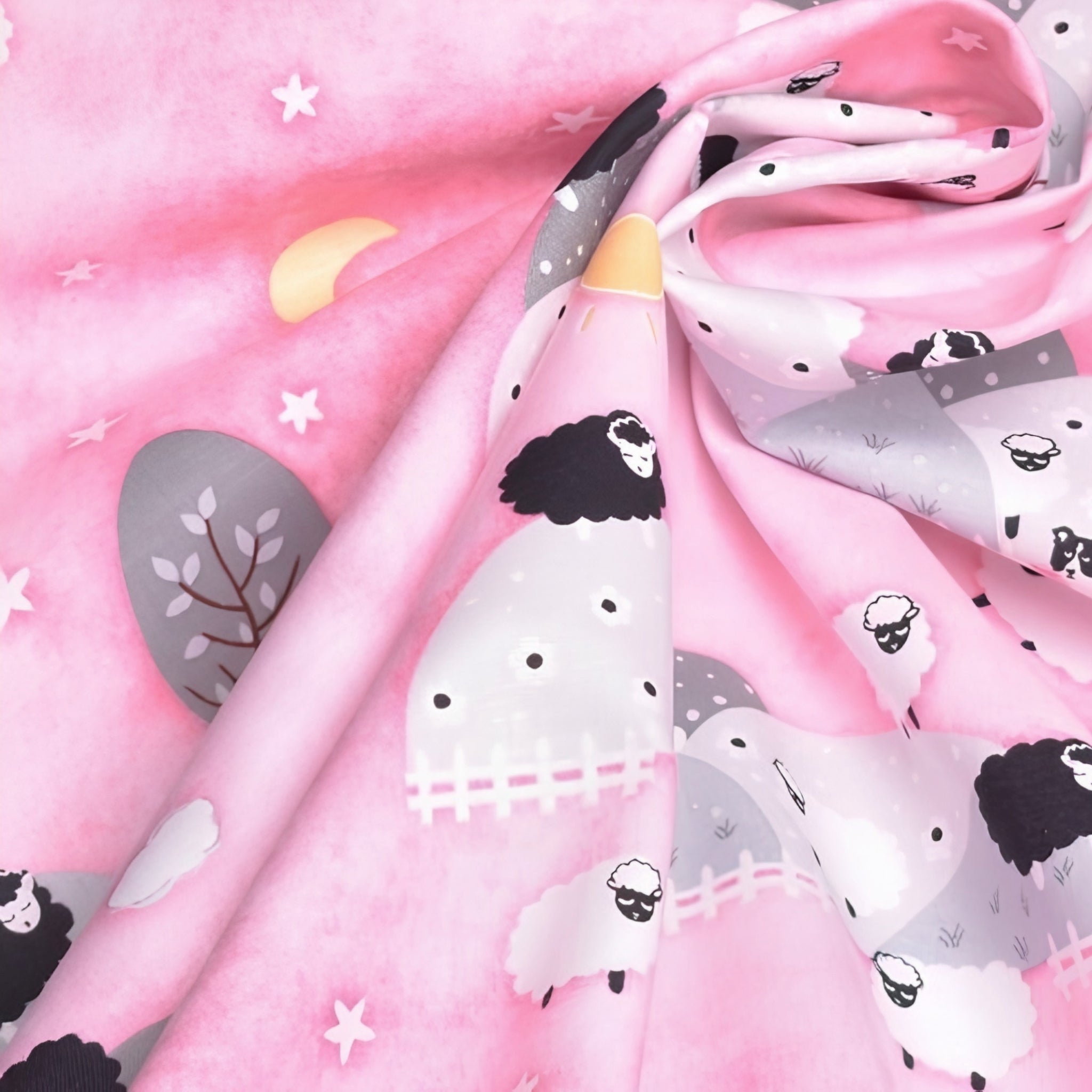 Sheep grazing on rolling grey hills border collie picket fences stars sun clouds pink watercolour background novelty baby quilting fabric for nursery quilts and girls projects