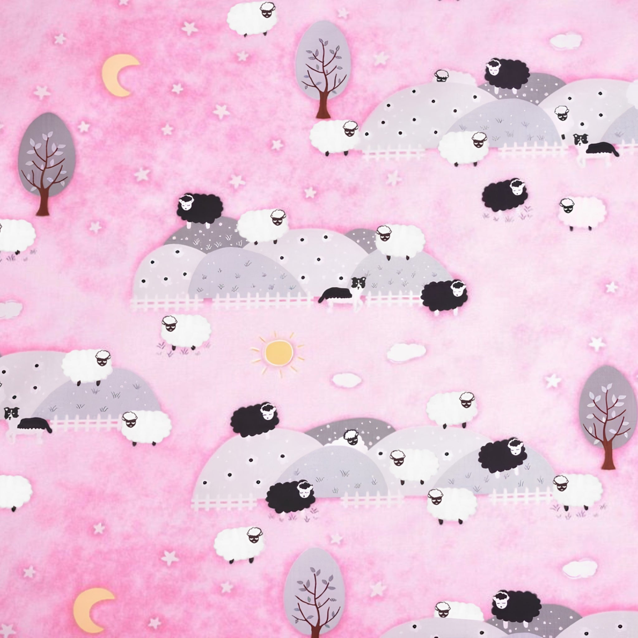 Sheep grazing on rolling grey hills border collie picket fences stars sun clouds pink watercolour background novelty baby quilting fabric for nursery quilts and girls projects