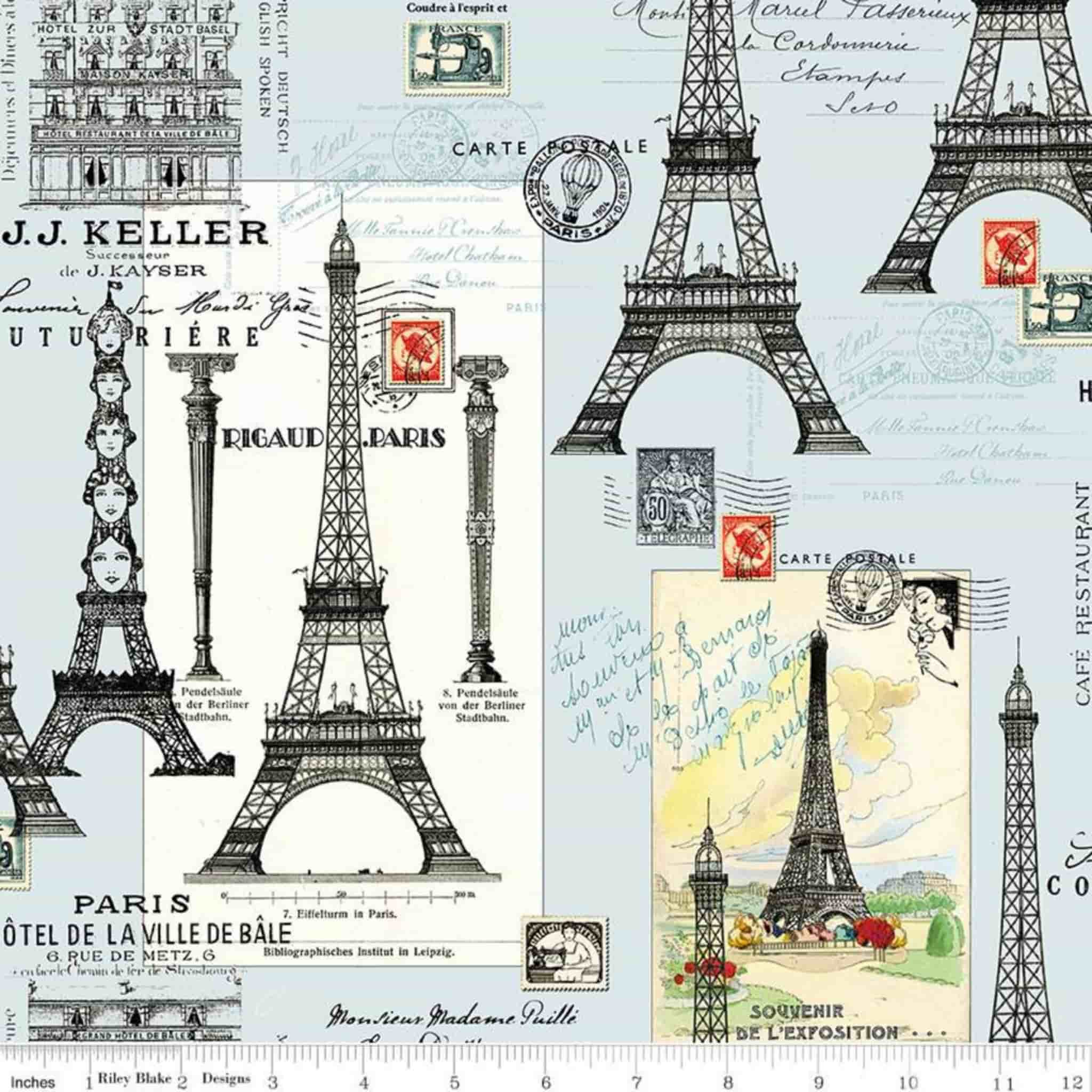 Paris Eiffel Tower French blue fabric for travel quilts, bags and patchwork sewing projects