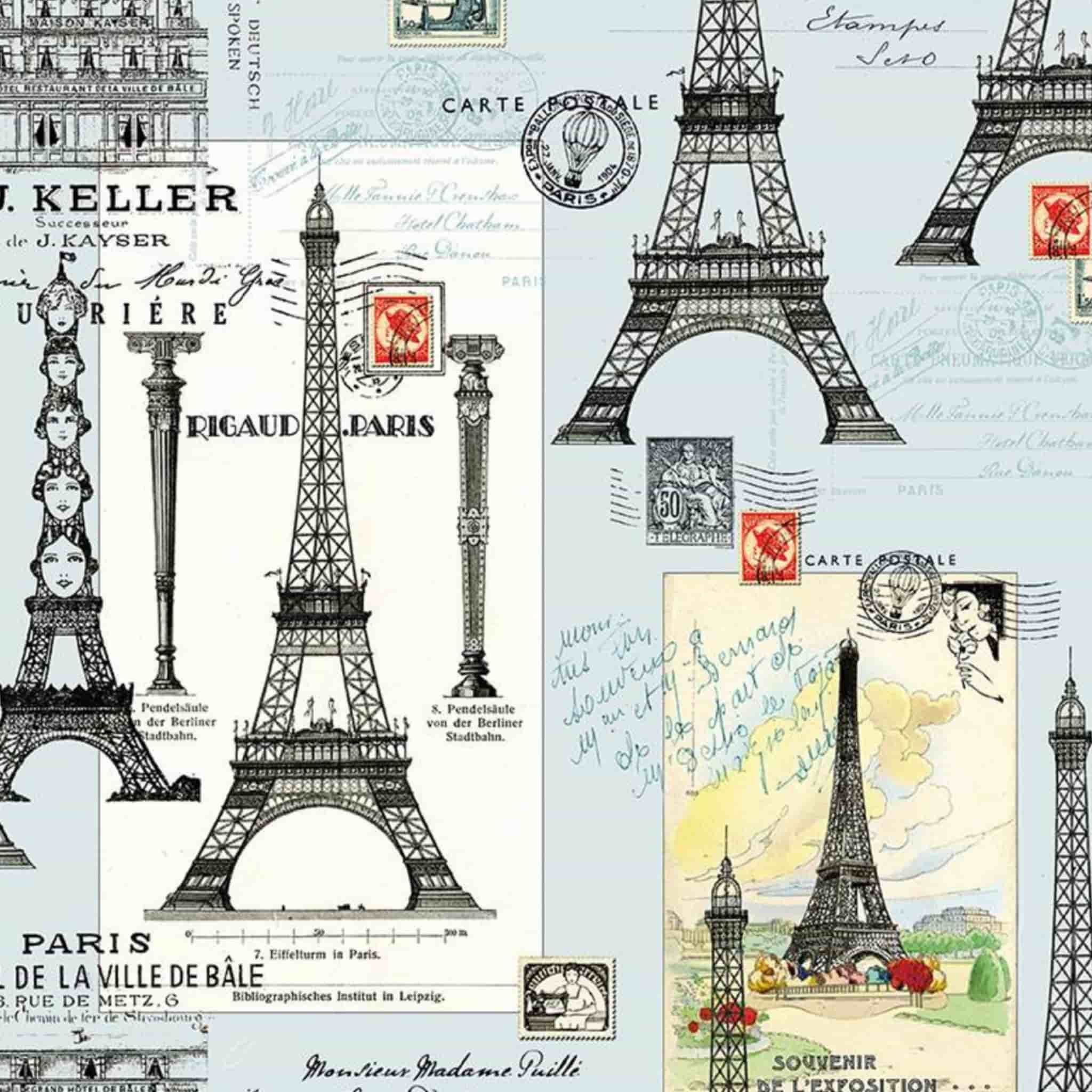 Fabric with Eiffel Tower illustrations and vintage postcard designs on a light blue background