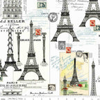 Paris Eiffel Tower and vintage postcards cream fabric for travel quilts, bags and patchwork sewing projects