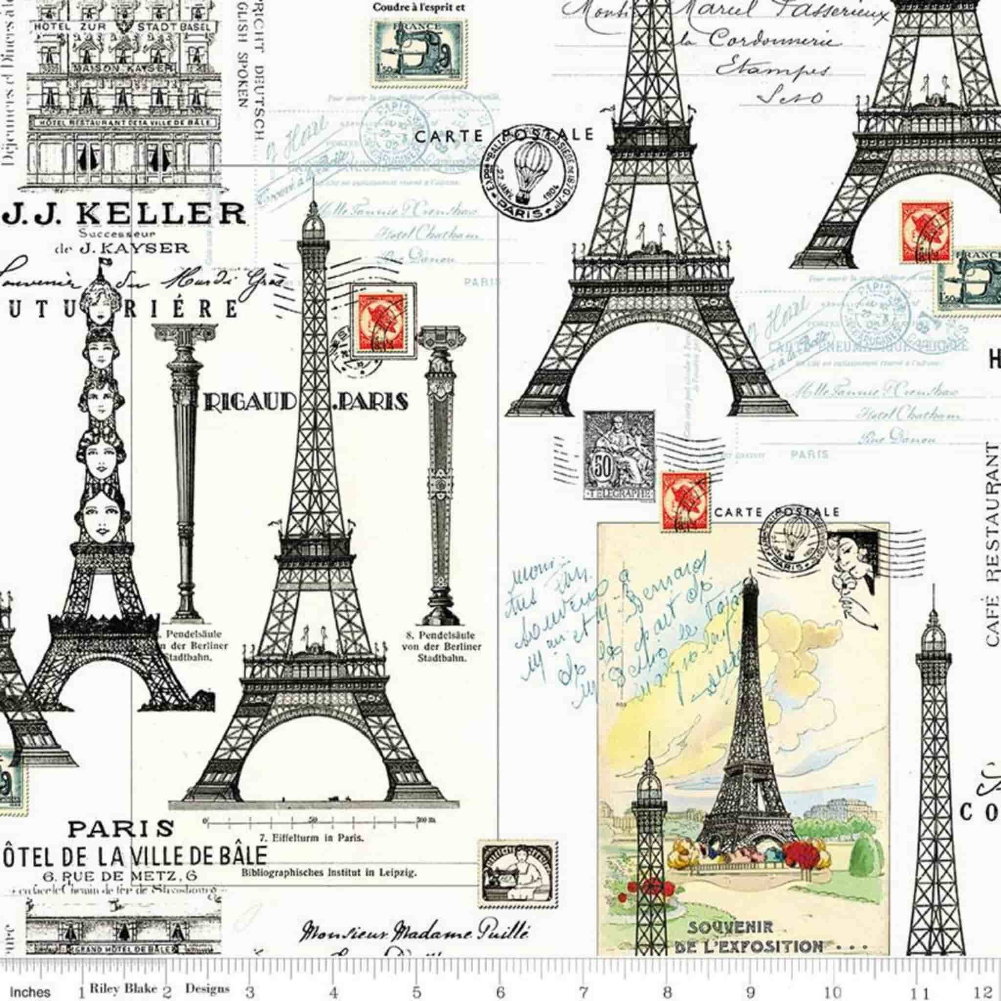 Paris Eiffel Tower and vintage postcards cream fabric for travel quilts, bags and patchwork sewing projects