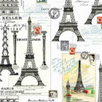 Paris Eiffel Tower and vintage postcards cream fabric for travel quilts, bags and patchwork sewing projects