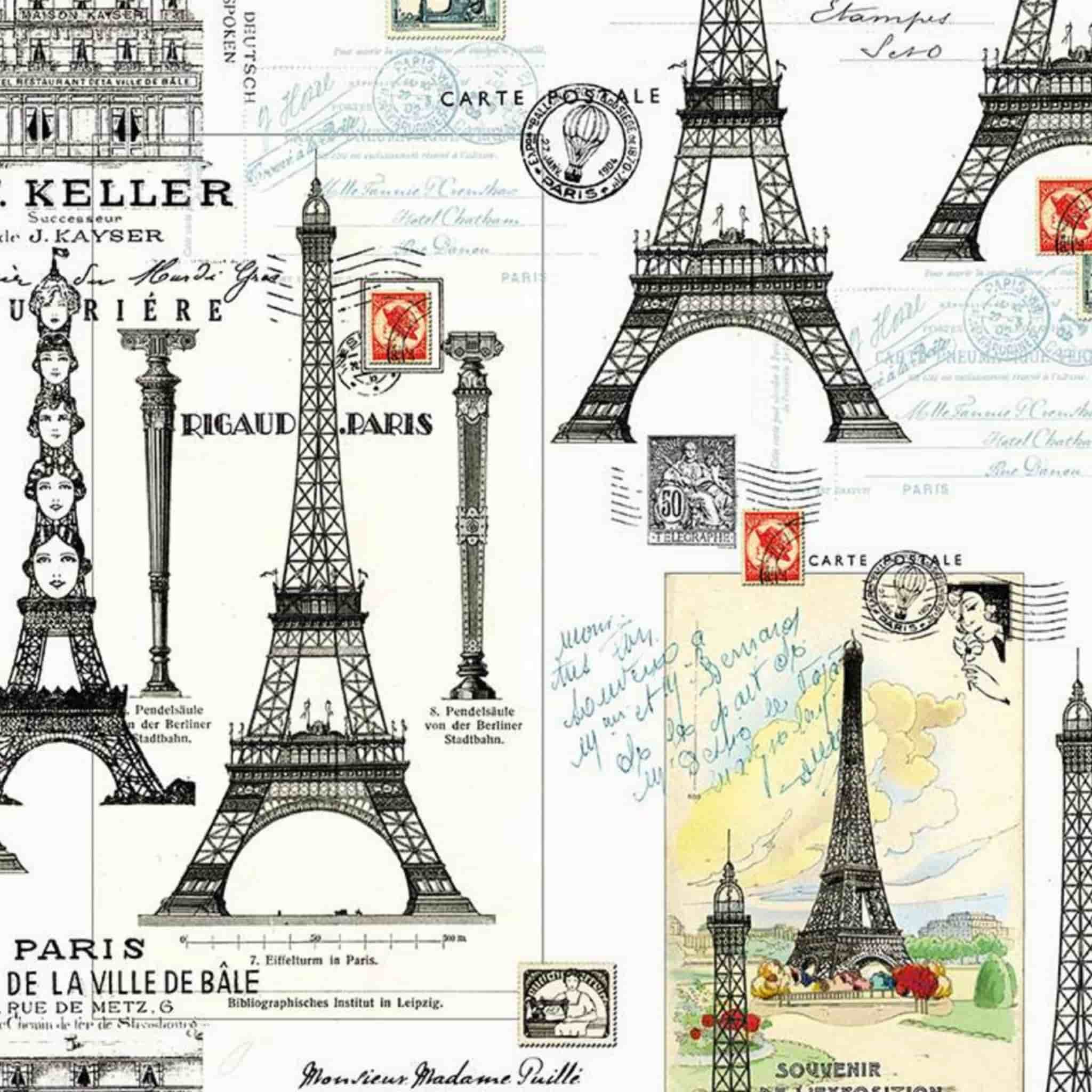 Paris Eiffel Tower and vintage postcards cream fabric for travel quilts, bags and patchwork sewing projects