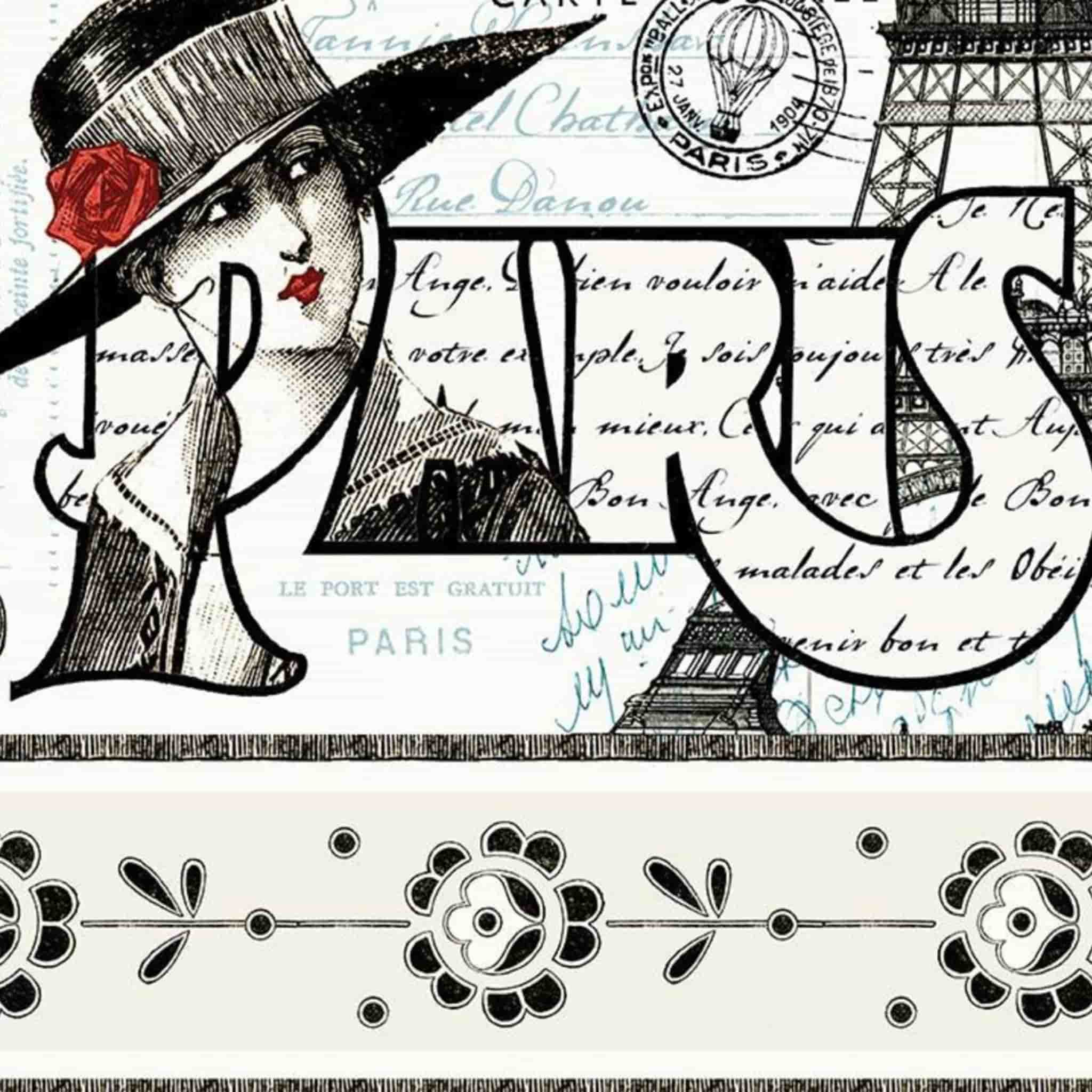 Paris border stripe cream fabric with Eiffel Tower and vintage French fashion motifs for travel quilts, bags and patchwork sewing projects