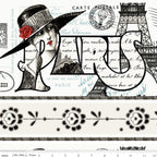 Paris border stripe cream fabric with Eiffel Tower and vintage French fashion motifs for travel quilts, bags and patchwork sewing projects