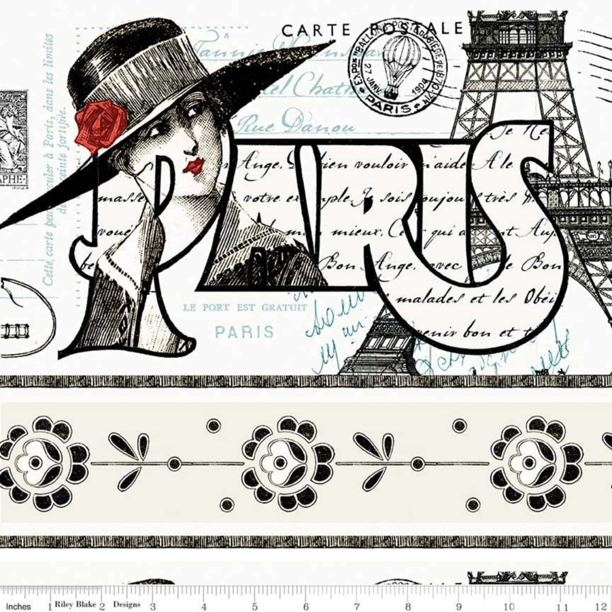 Paris border stripe cream fabric with Eiffel Tower and vintage French fashion motifs for travel quilts, bags and patchwork sewing projects