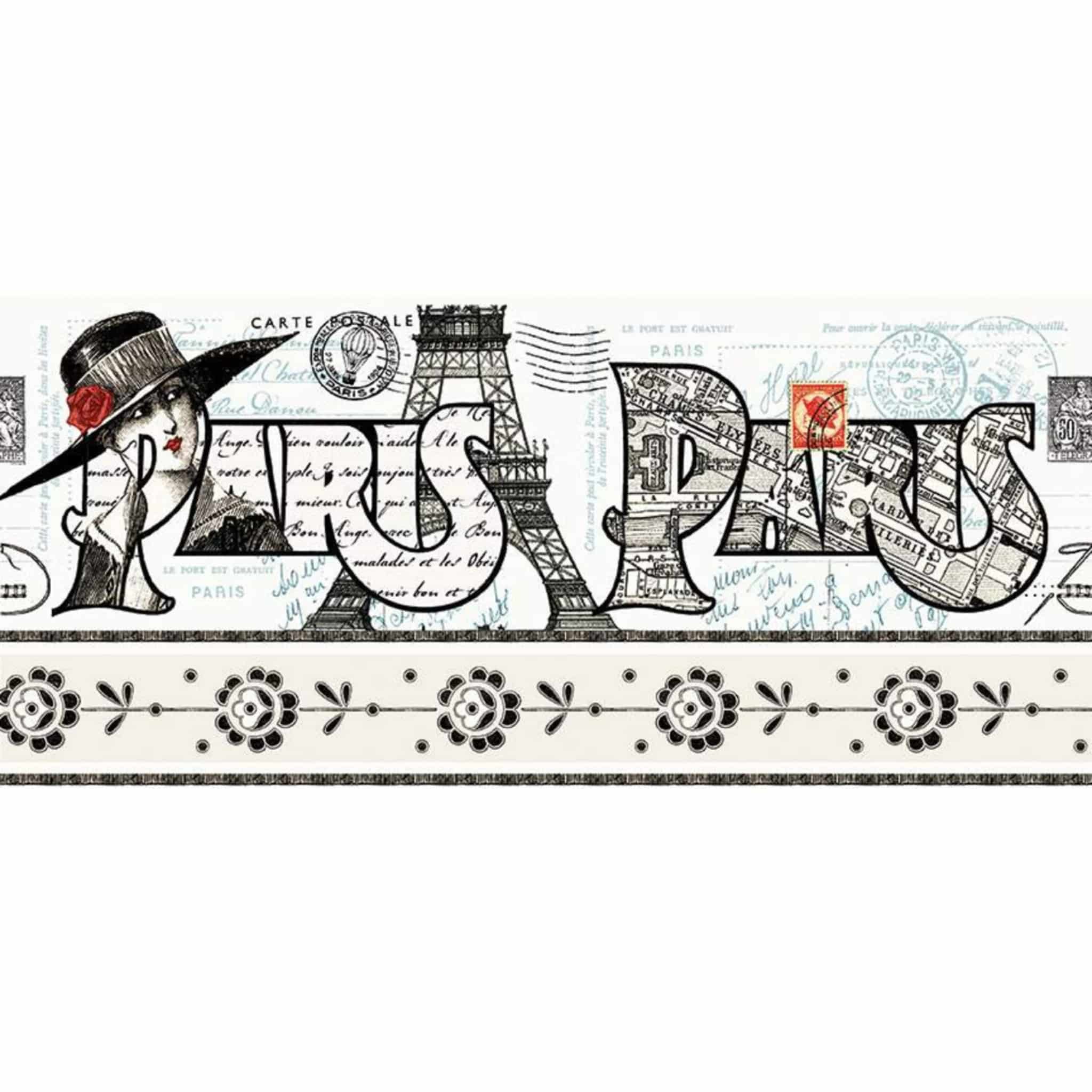 Paris border stripe cream fabric with Eiffel Tower and vintage French fashion motifs for travel quilts, bags and patchwork sewing projects