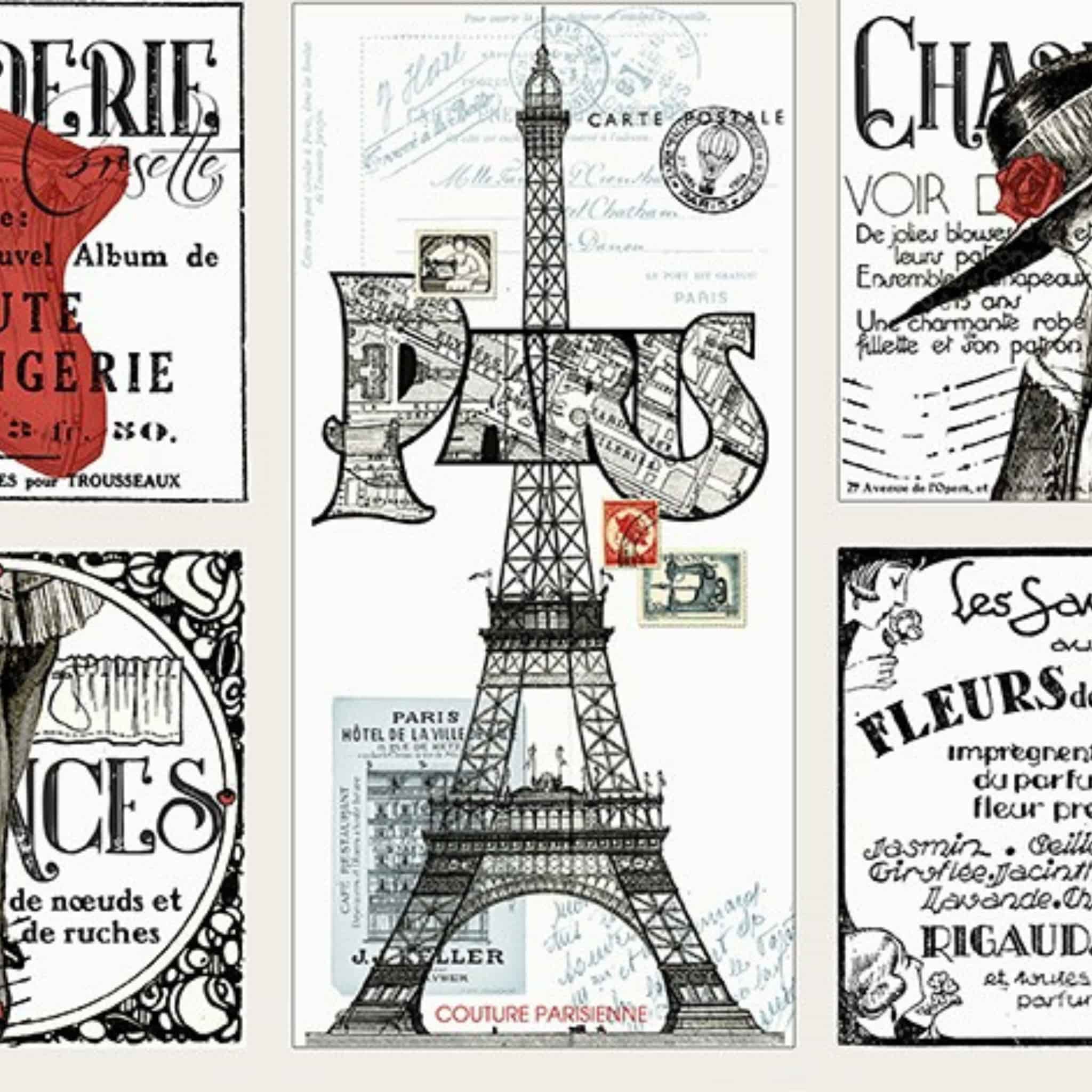 Paris patchwork panel cream fabric with Eiffel Tower and vintage French fashion motifs for travel quilts, bags and patchwork sewing projects